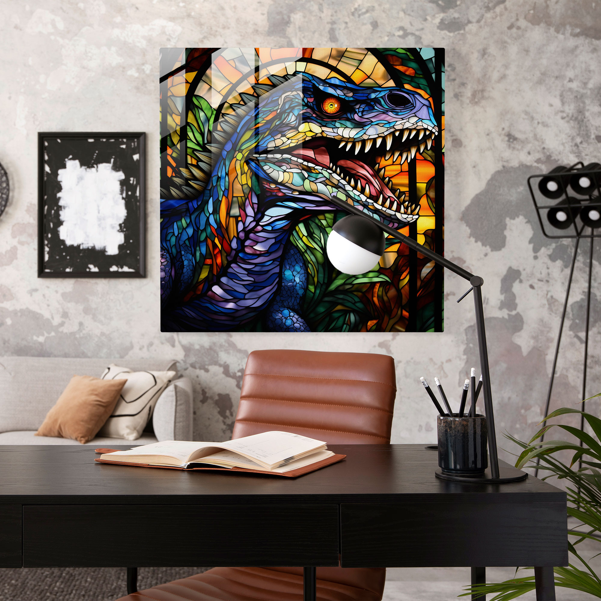 Exquisite Stained Glass Dinosaur Mosaic Print for Elegant Wall Decor