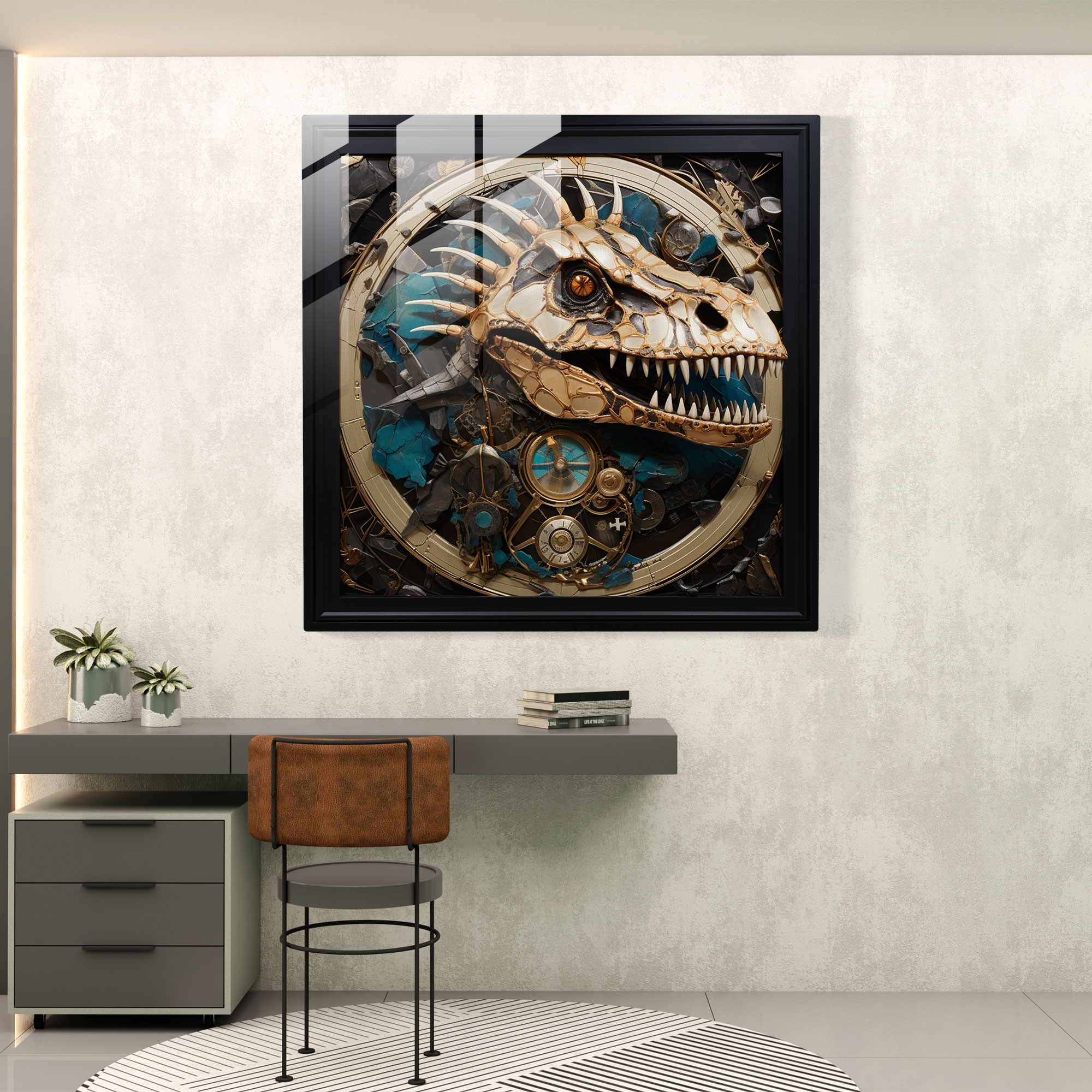 Elegant Glass and Wire Modern Artwork of Abstract Dinosaurs