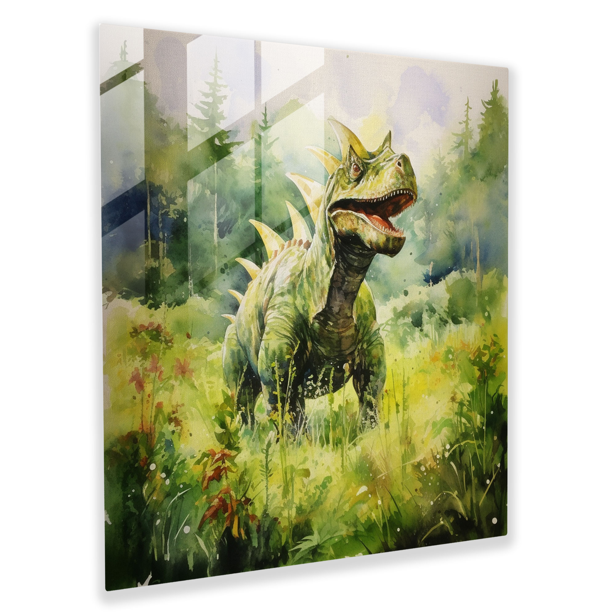 Graceful Glass Print of Tranquil Dinosaur in Watercolor Landscape