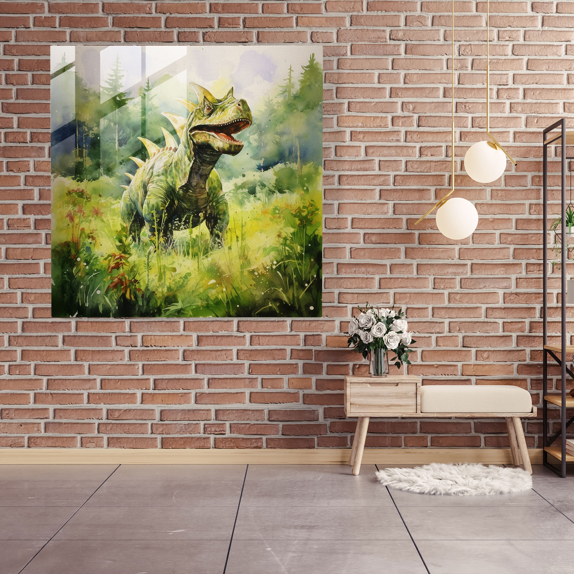 Graceful Glass Print of Tranquil Dinosaur in Watercolor Landscape
