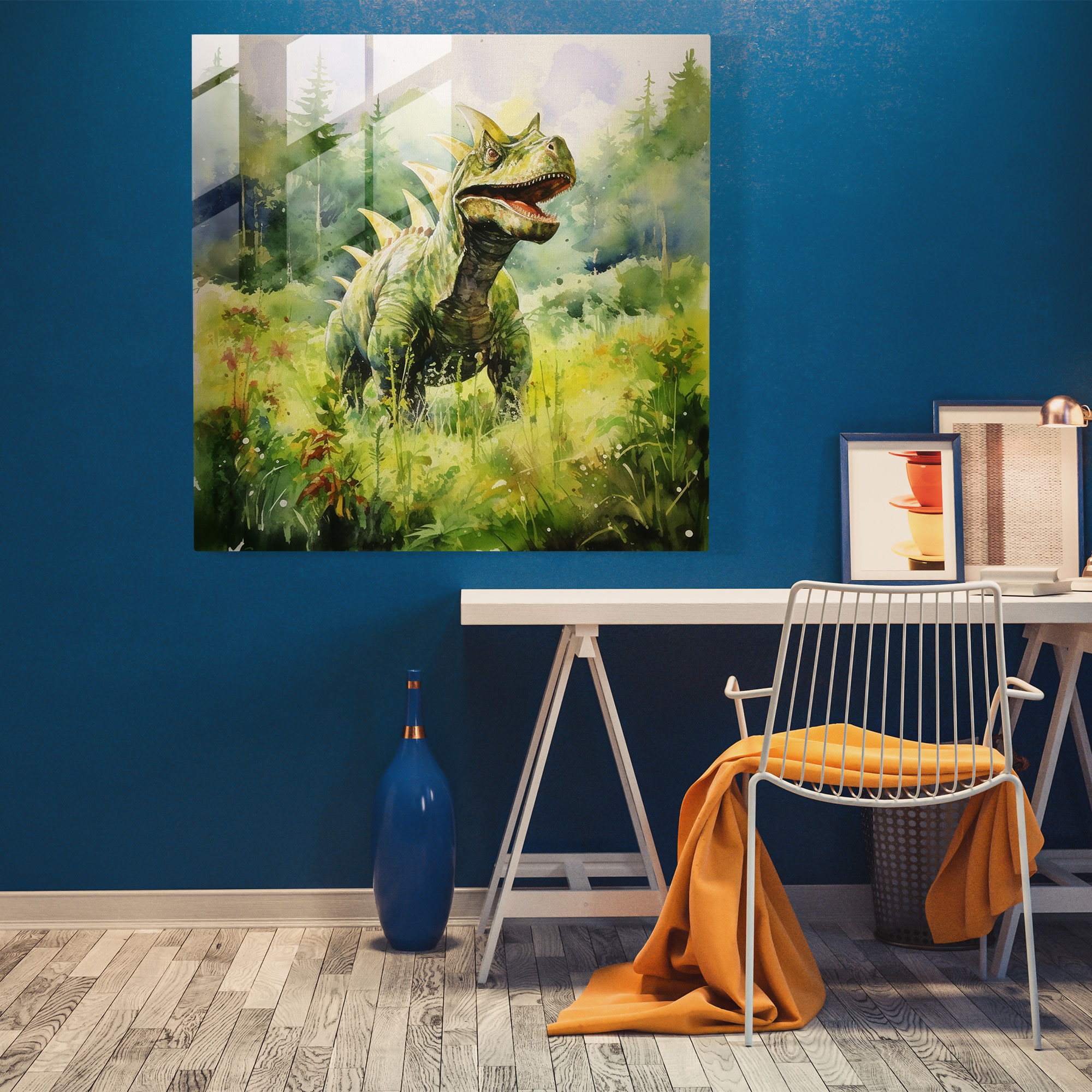 Graceful Glass Print of Tranquil Dinosaur in Watercolor Landscape