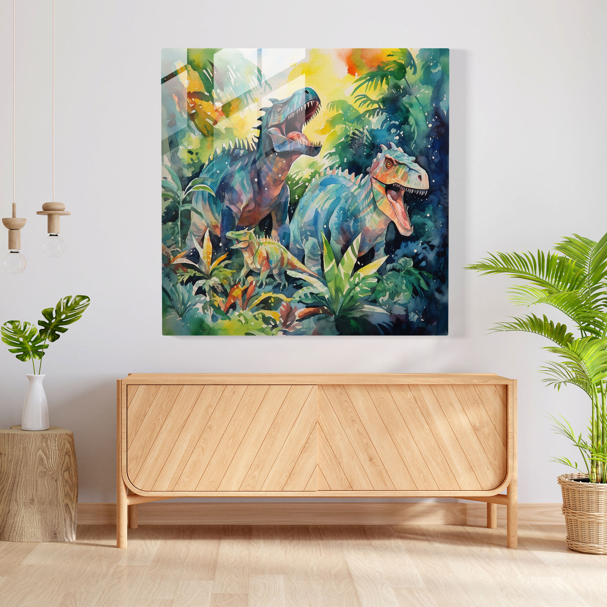 Exquisite Abstract Watercolor Glass Print Wall Art - Vibrant Jungle Dinosaur Herd