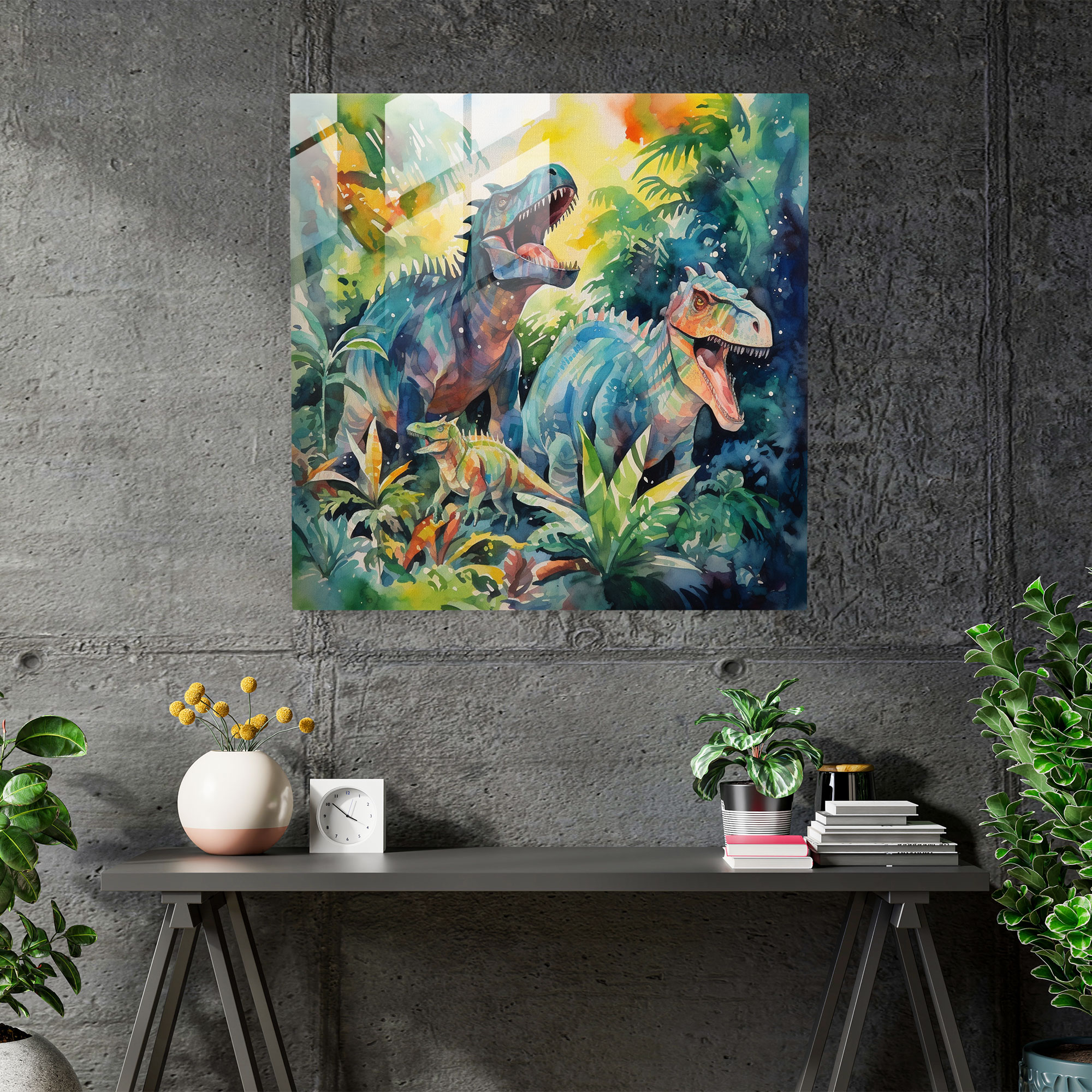 Exquisite Abstract Watercolor Glass Print Wall Art - Vibrant Jungle Dinosaur Herd