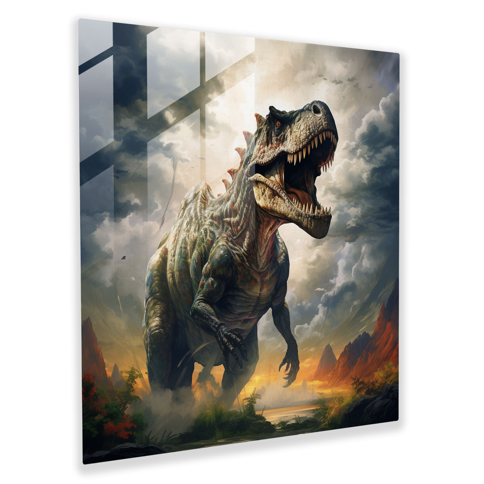 Majestätisches Tyrannosaurus Rex Glasbild Wandkunst - Surreales Traumland