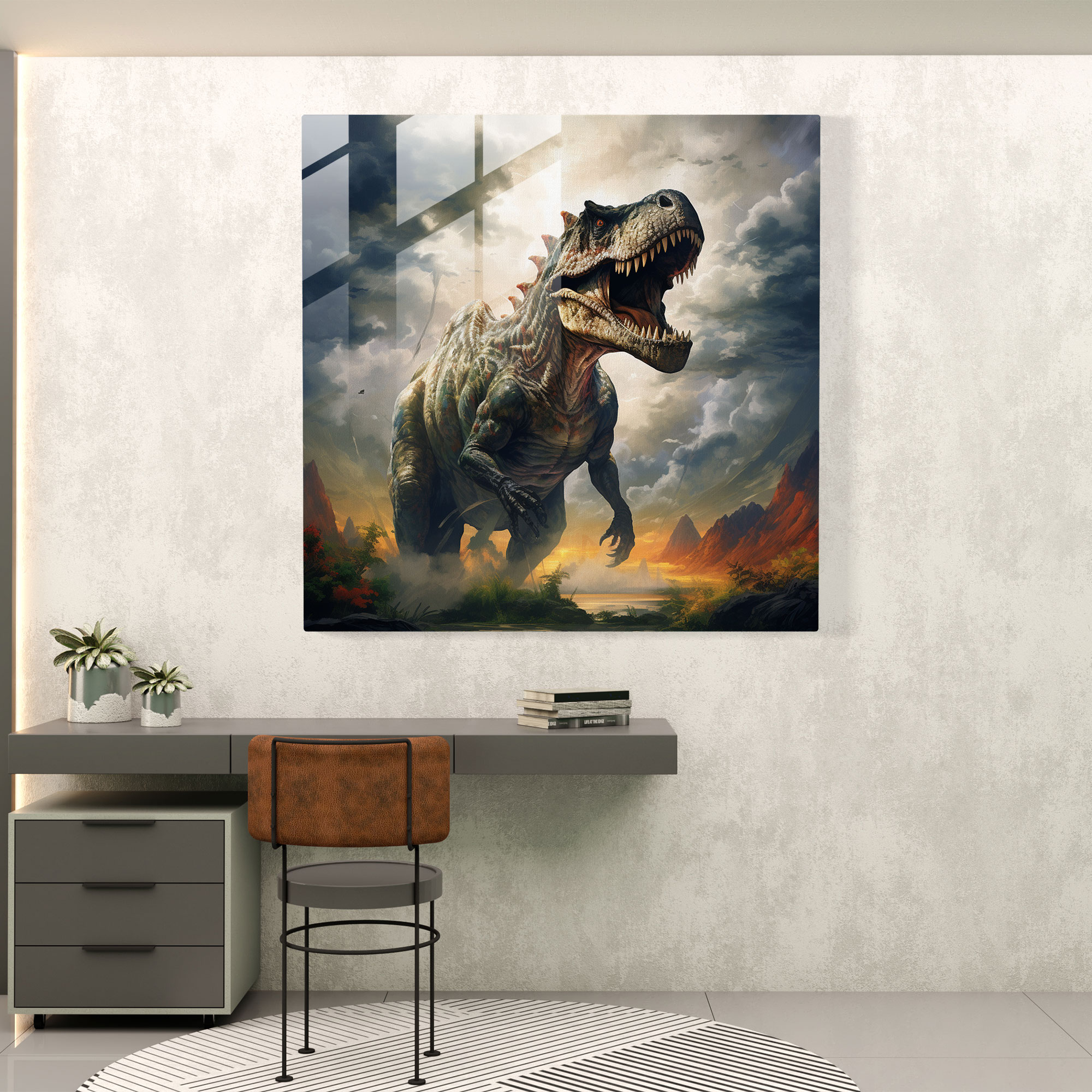 Majestätisches Tyrannosaurus Rex Glasbild Wandkunst - Surreales Traumland