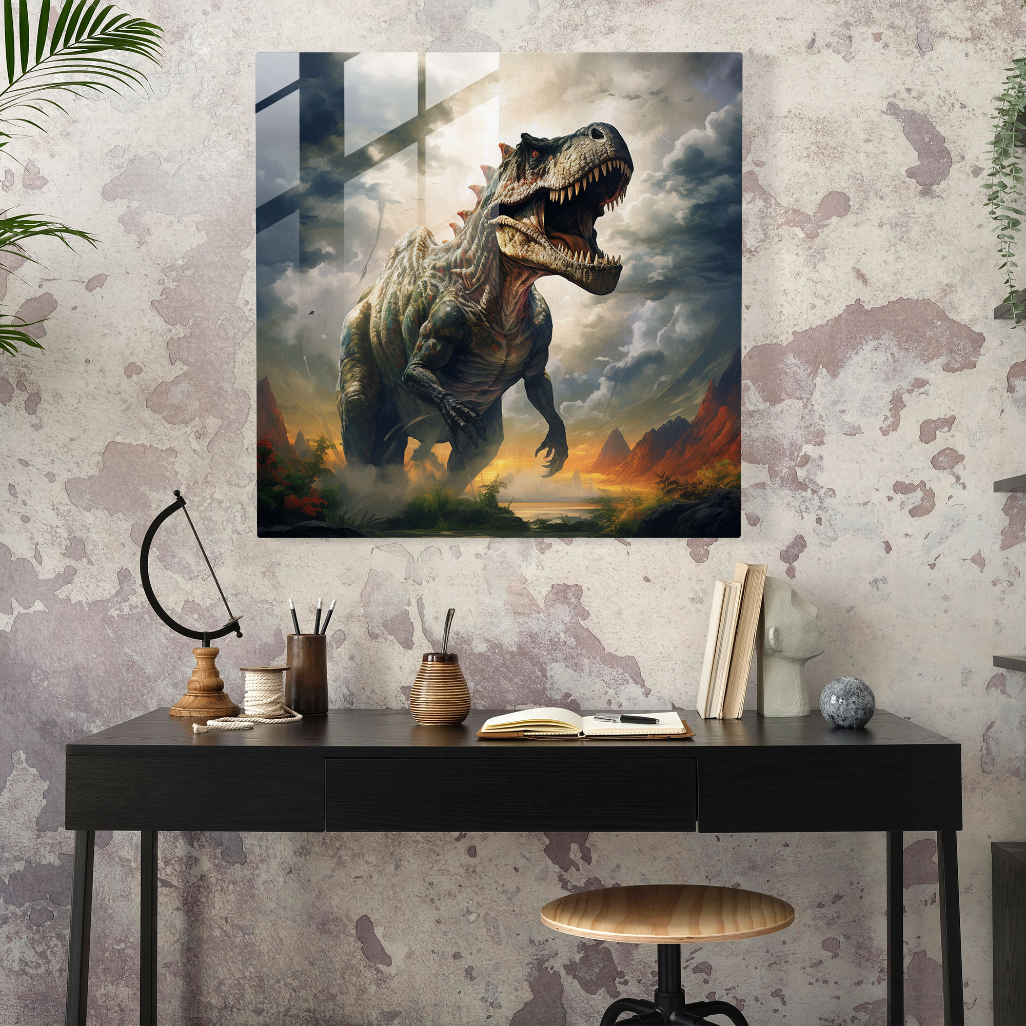 Majestätisches Tyrannosaurus Rex Glasbild Wandkunst - Surreales Traumland