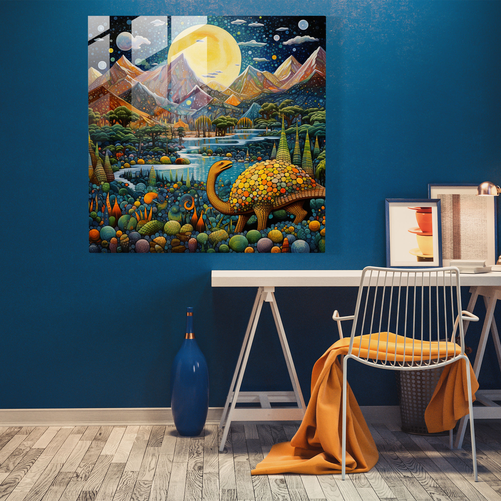 Fantastical Landscape Glass Print Wall Art - Pointillism Masterpiece with Hidden Dinosaurs