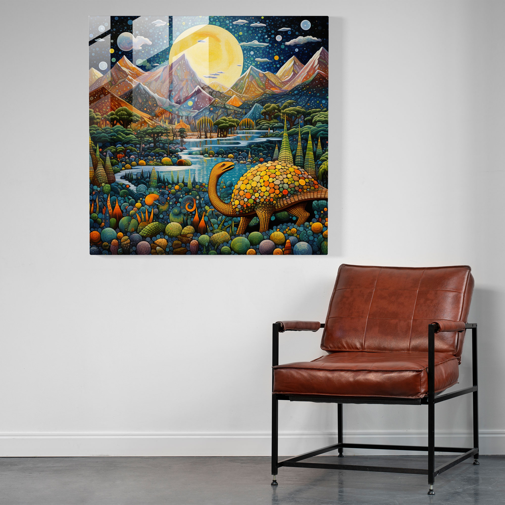 Fantastical Landscape Glass Print Wall Art - Pointillism Masterpiece with Hidden Dinosaurs