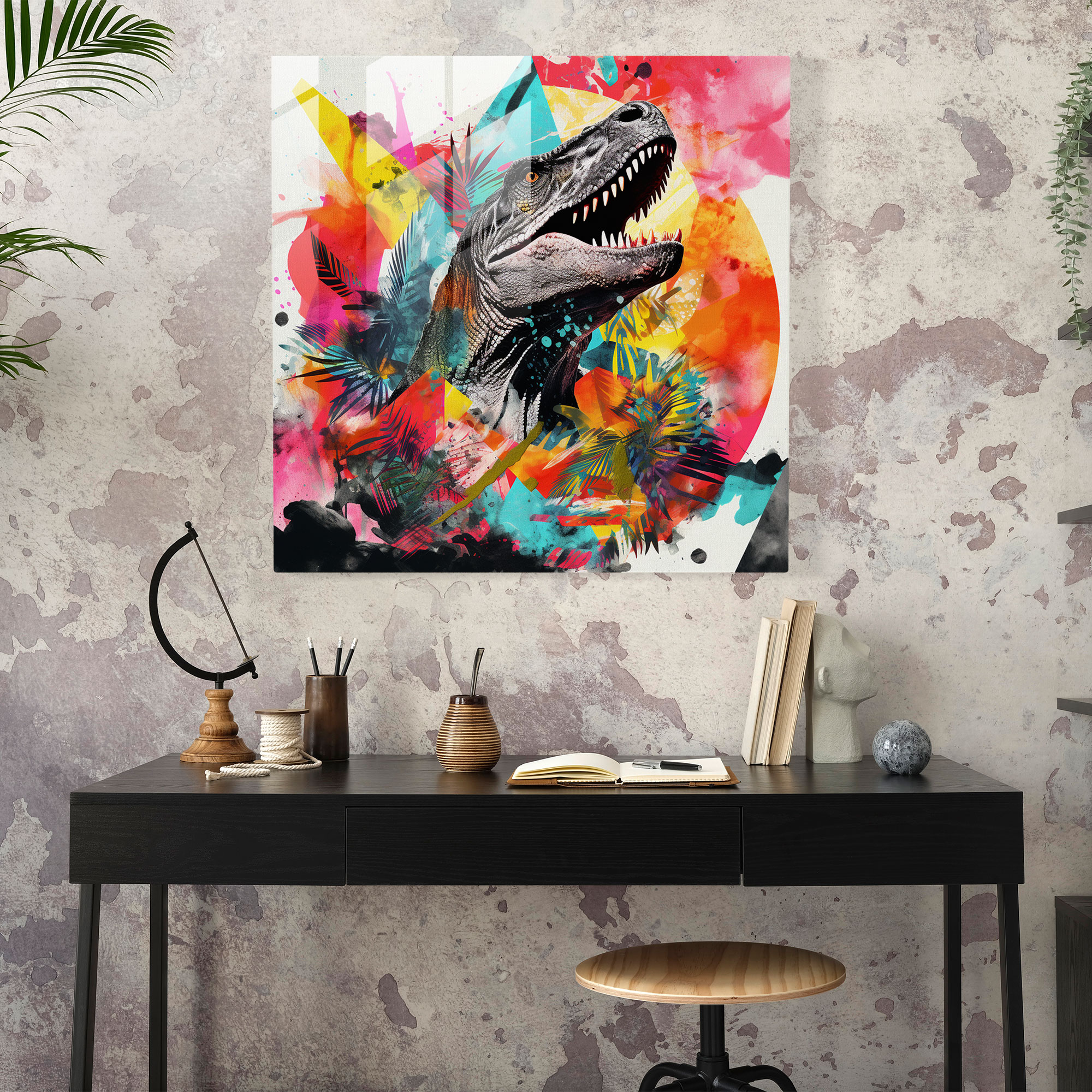 Dynamic Fusion Glass Print Wall Art - Abstract Collage with Dinosaur Silhouettes