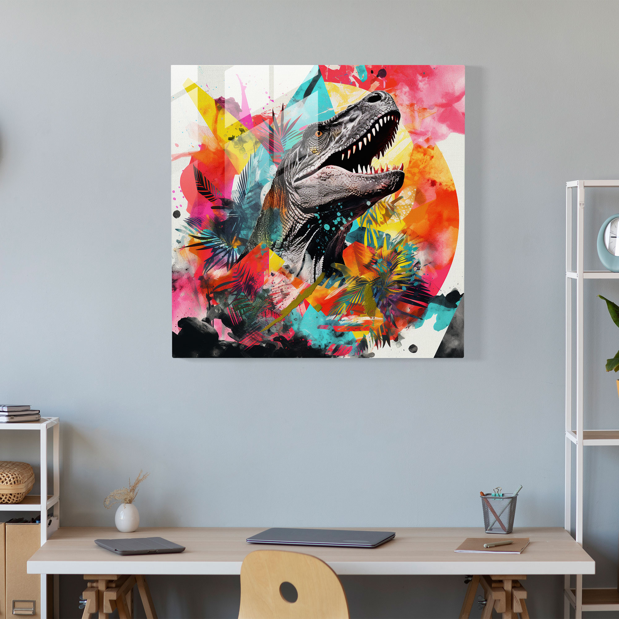 Dynamic Fusion Glass Print Wall Art - Abstract Collage with Dinosaur Silhouettes