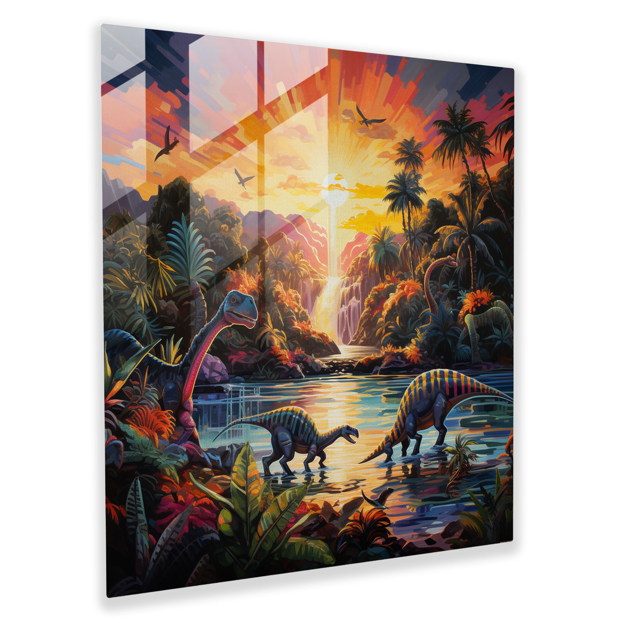 Exquisite Glass Print - Abstract Dinosaur Parade in Vibrant Colors - Modern Art Work
