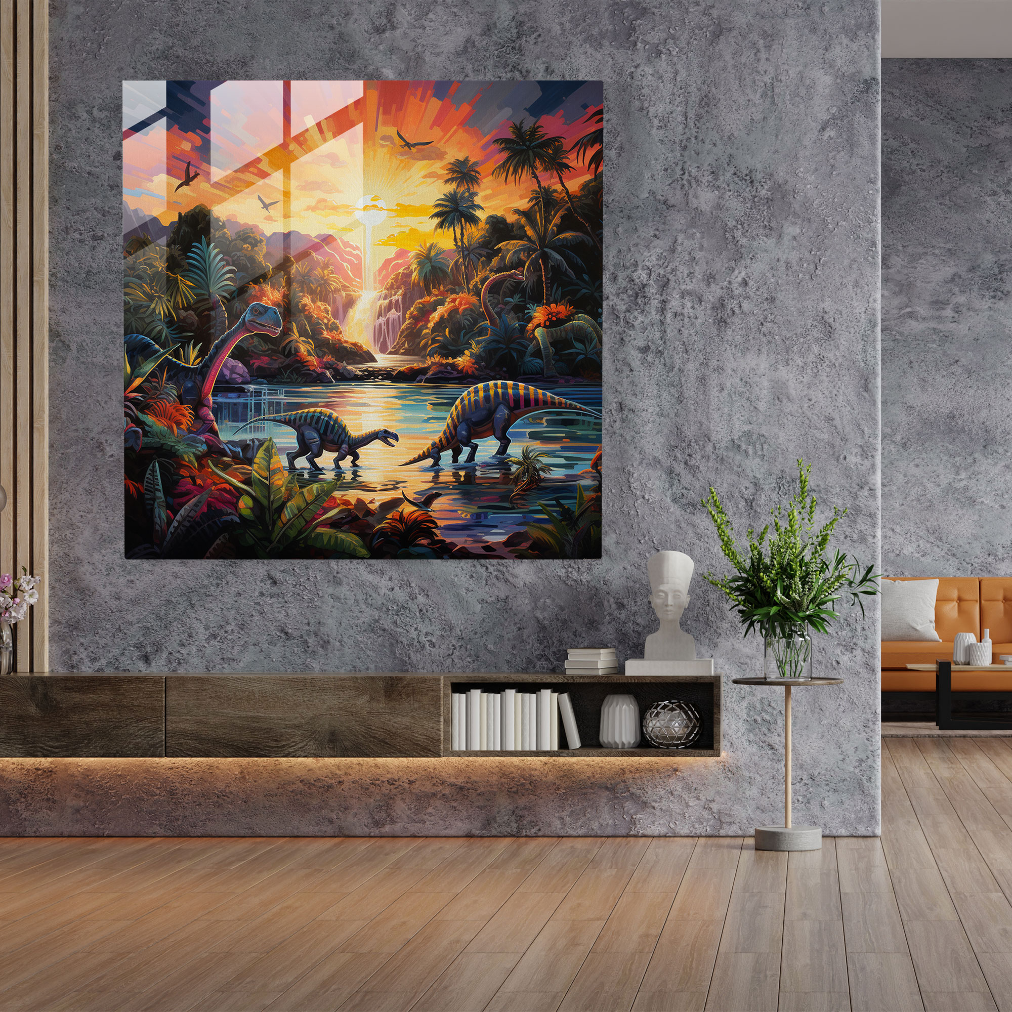 Exquisite Glass Print - Abstract Dinosaur Parade in Vibrant Colors - Modern Art Work