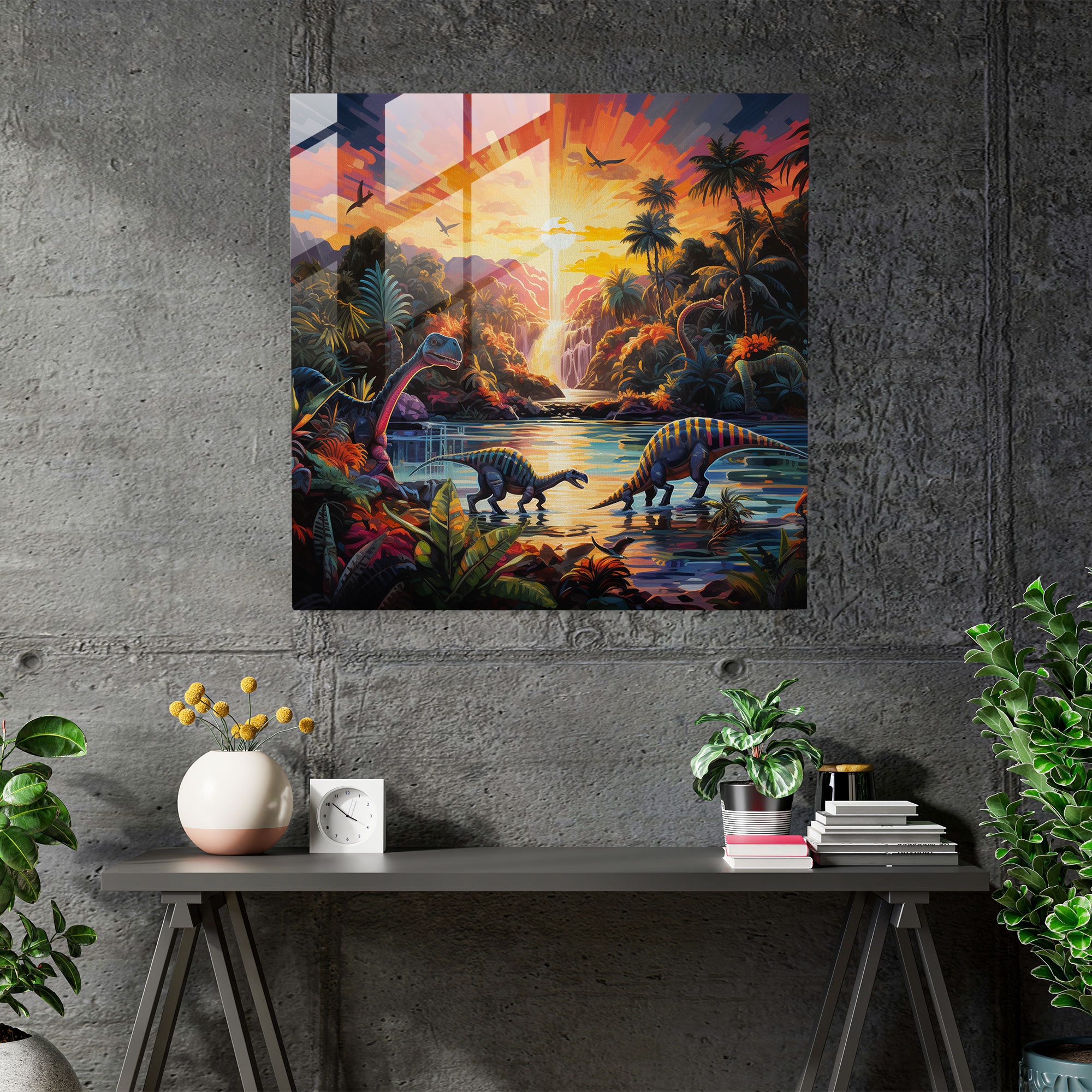 Exquisite Glass Print - Abstract Dinosaur Parade in Vibrant Colors - Modern Art Work
