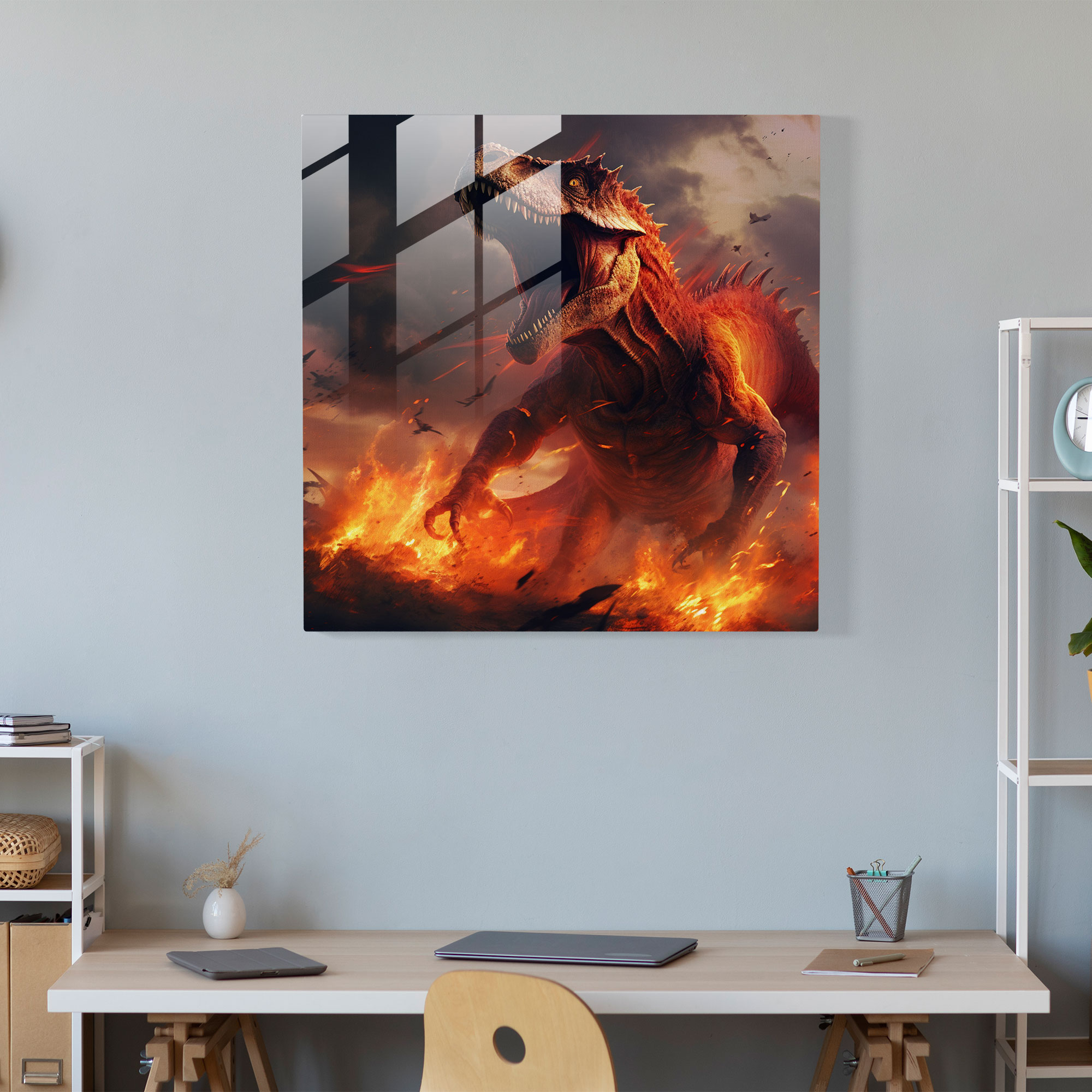 Captivating Glass Print - Fiery Dinosaur Frenzy in Digital Art Form - Glass Wall Art