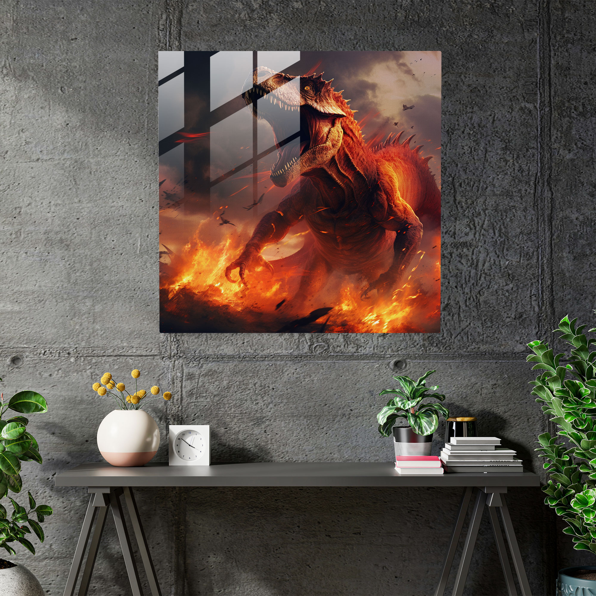 Captivating Glass Print - Fiery Dinosaur Frenzy in Digital Art Form - Glass Wall Art