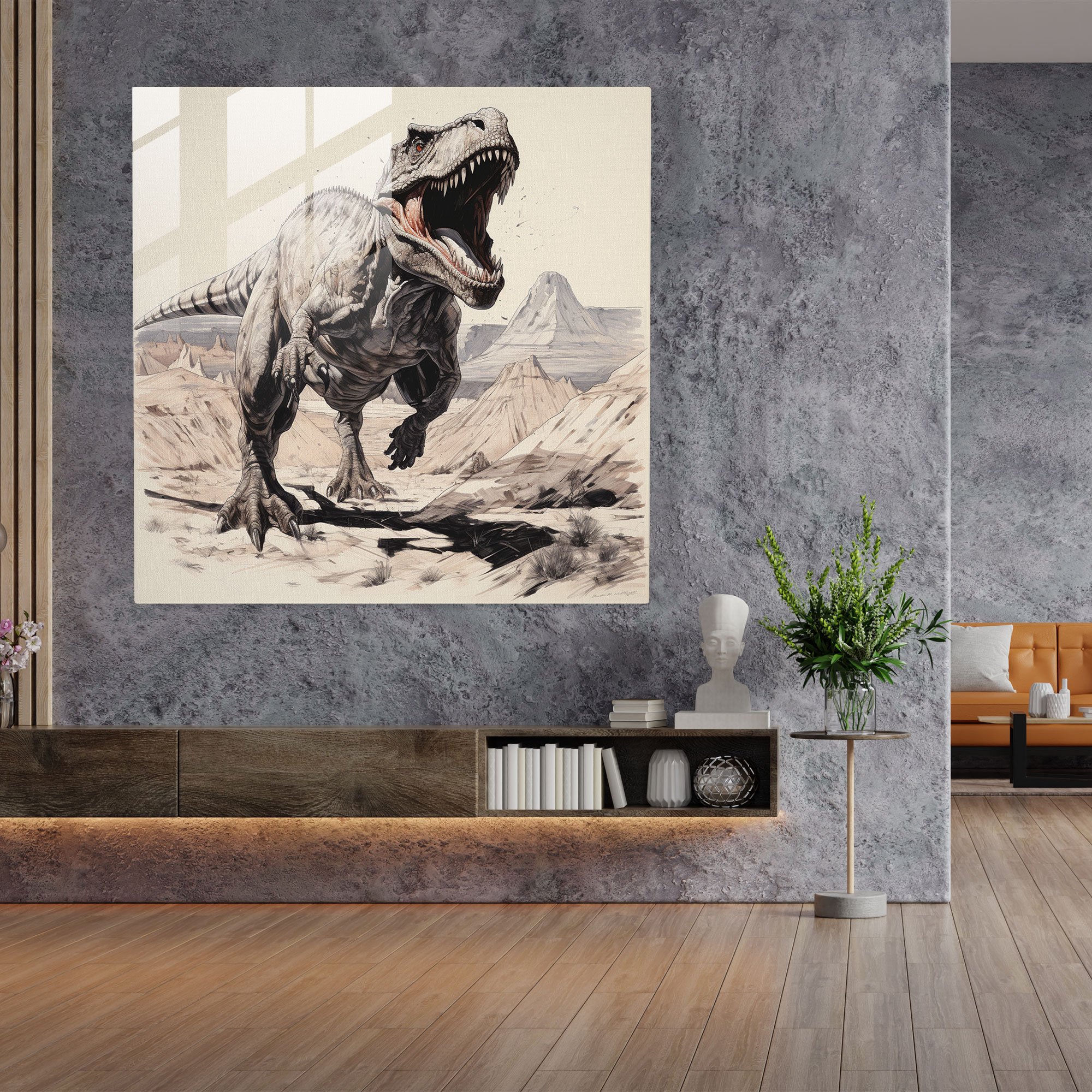 Awe-Inspiring Glass Print - Majestic Tyrannosaurus Rex in Ink Sketch - Home Decoration