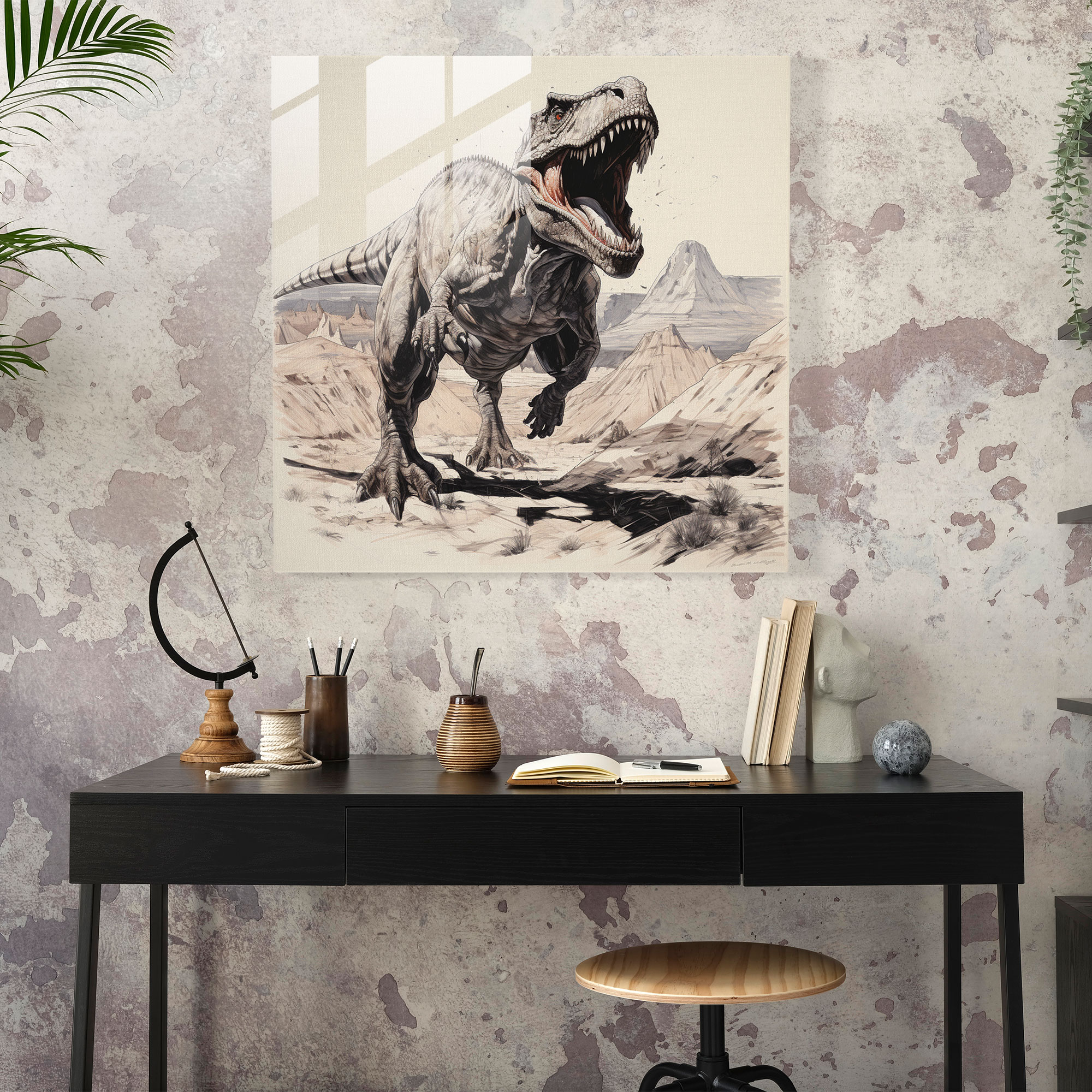 Awe-Inspiring Glass Print - Majestic Tyrannosaurus Rex in Ink Sketch - Home Decoration