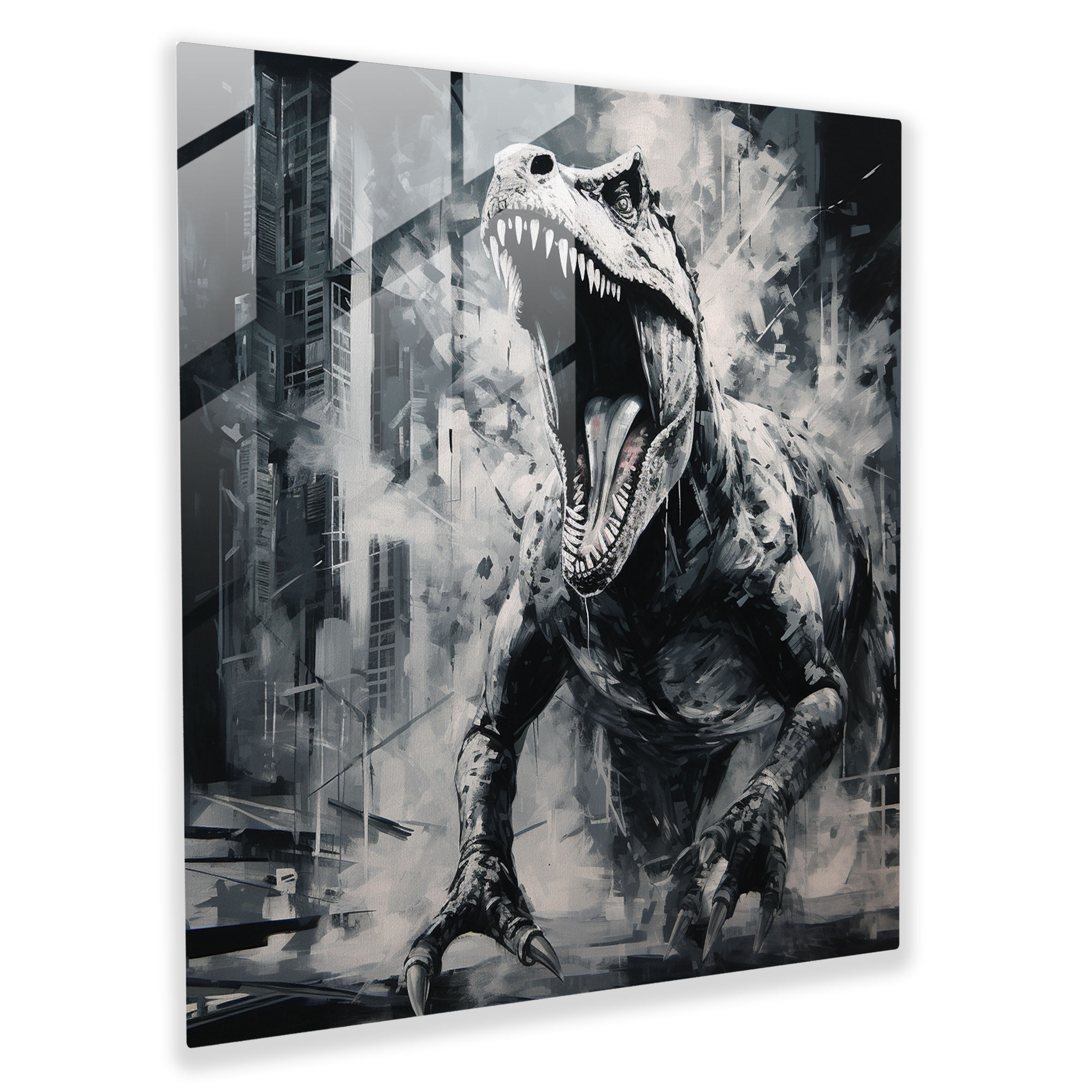 Futuristisches monochromes T-Rex brüllendes Glasbild für die Wand