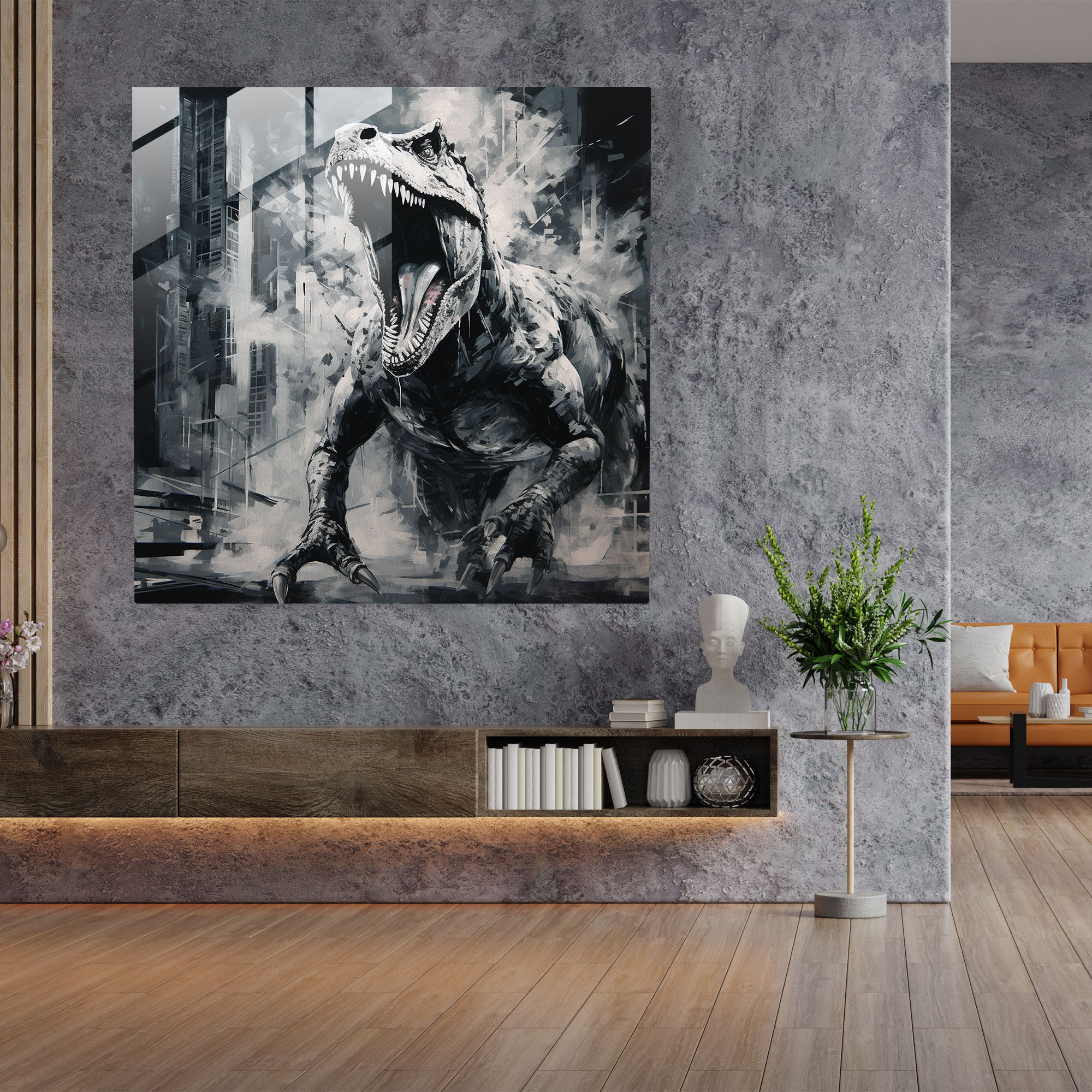 Futuristisches monochromes T-Rex brüllendes Glasbild für die Wand