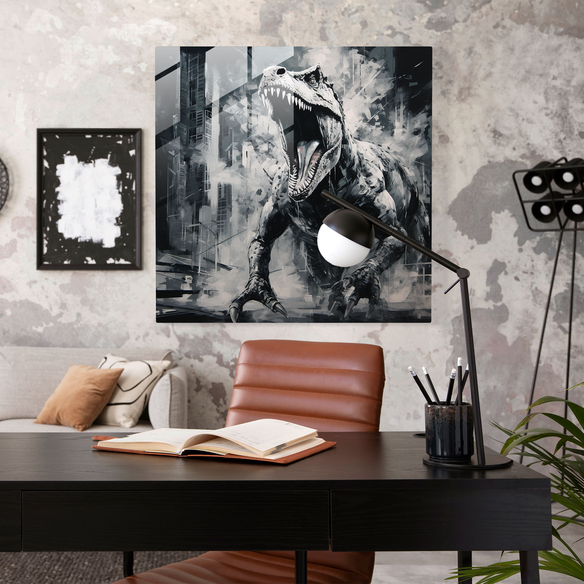 Futuristisches monochromes T-Rex brüllendes Glasbild für die Wand