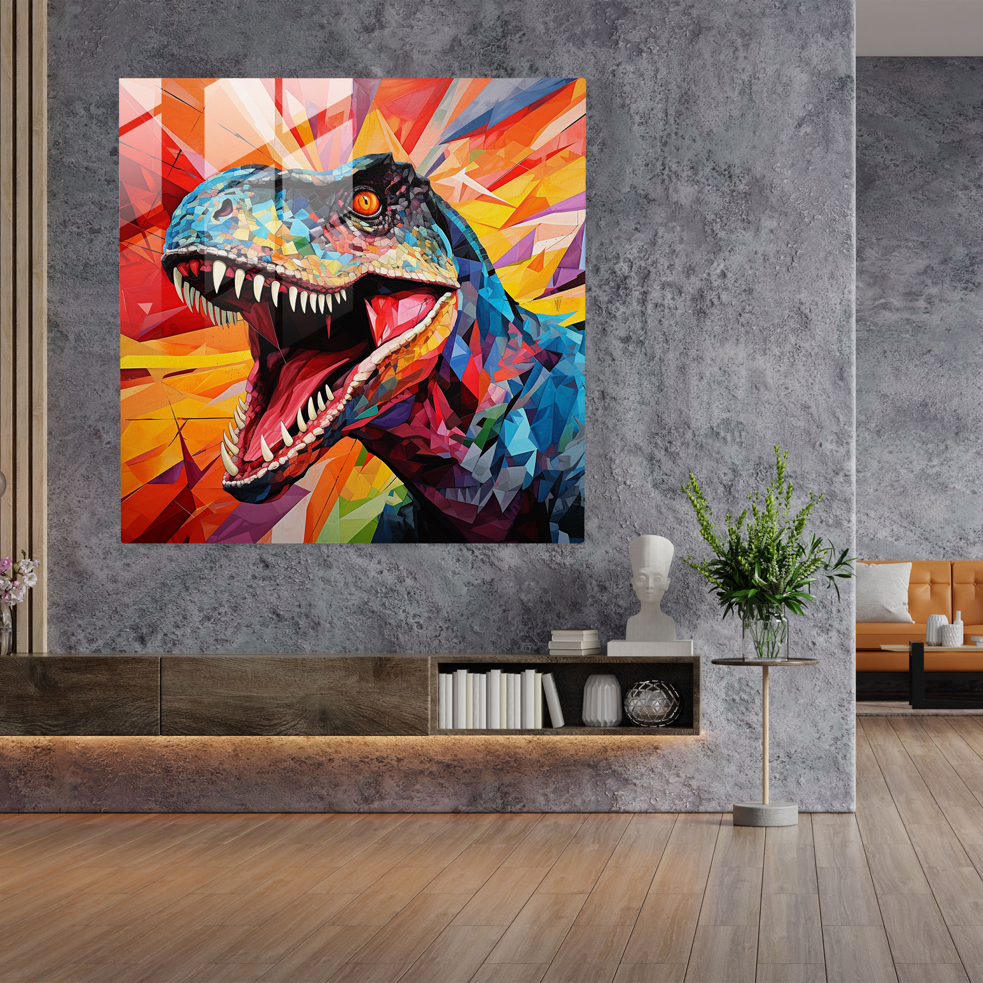 Geometric Cubist Velociraptor Glass Print Wall Decoration