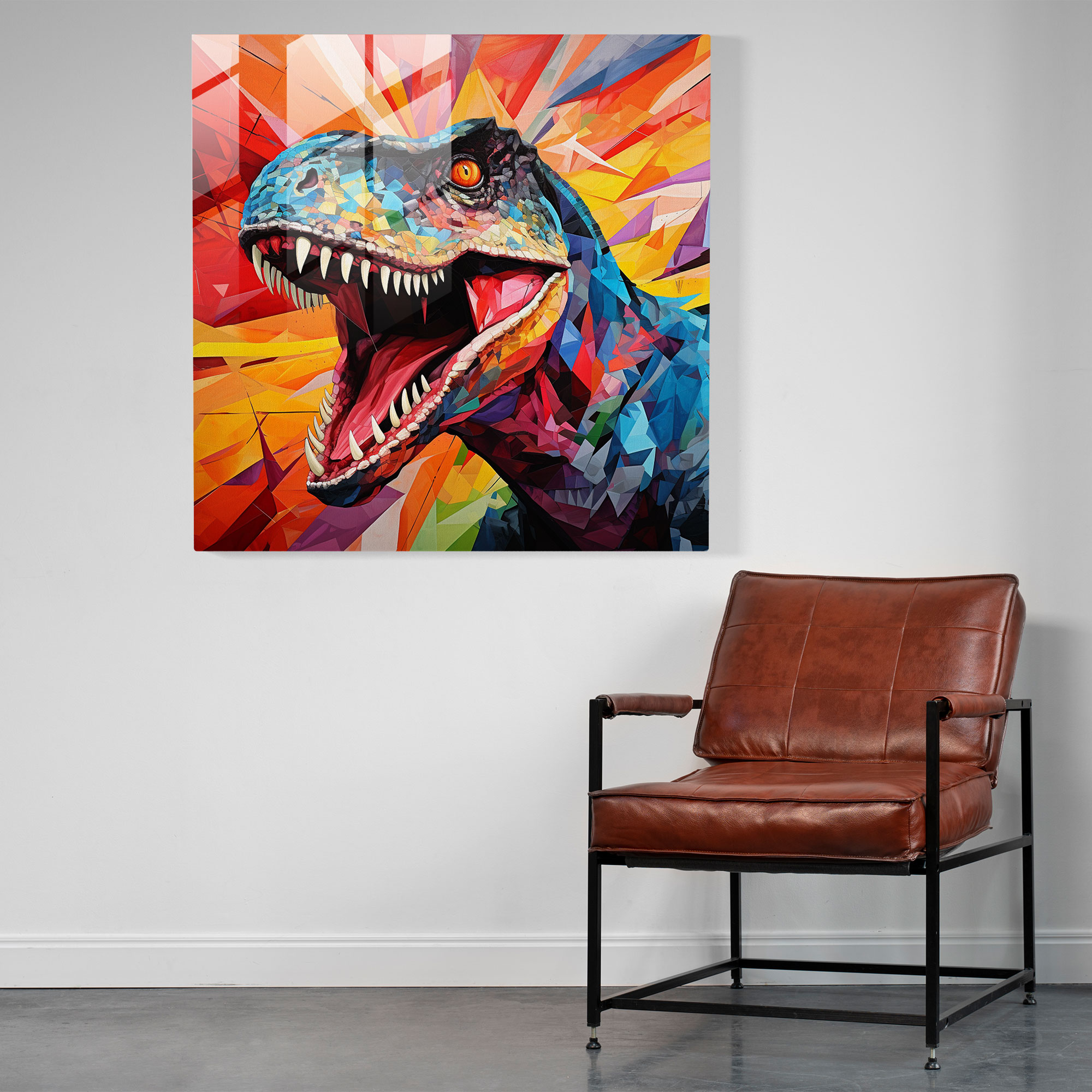 Geometric Cubist Velociraptor Glass Print Wall Decoration
