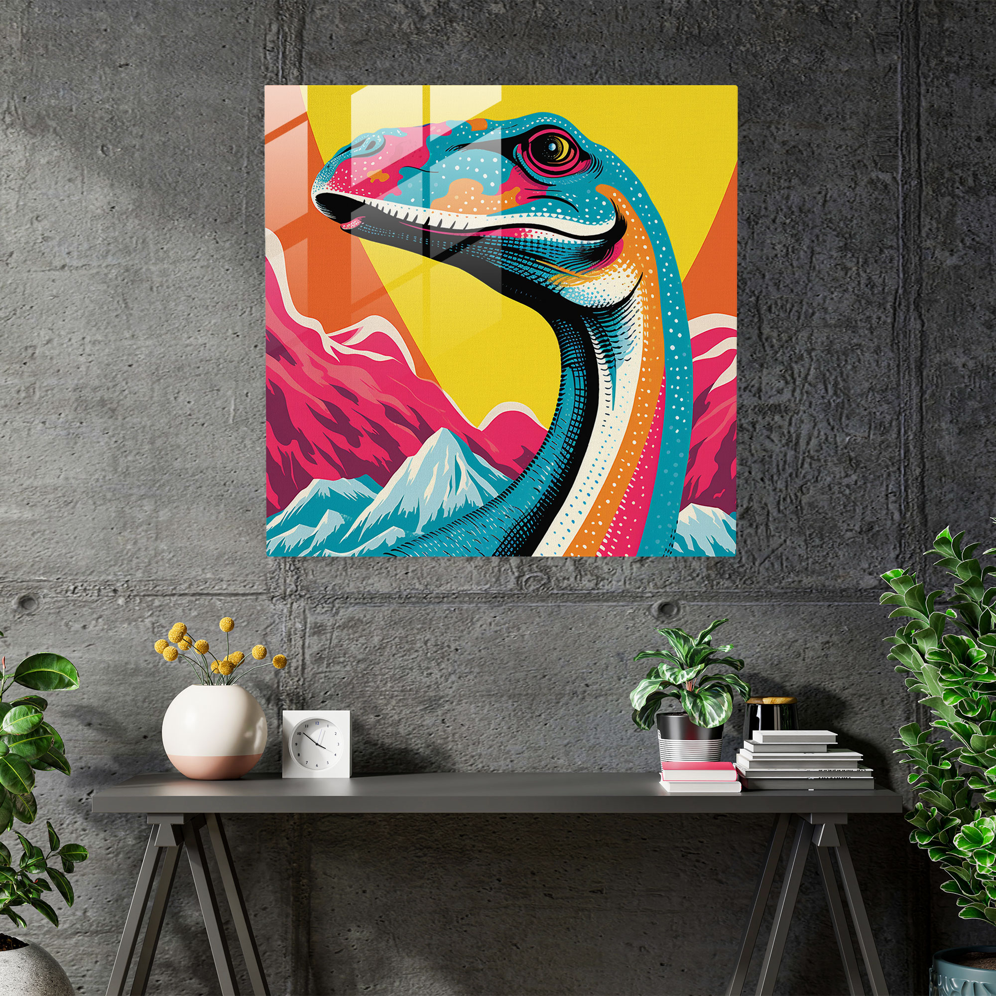 Lebendiges Brachiosaurus Pop Art Glasbild für Zuhause