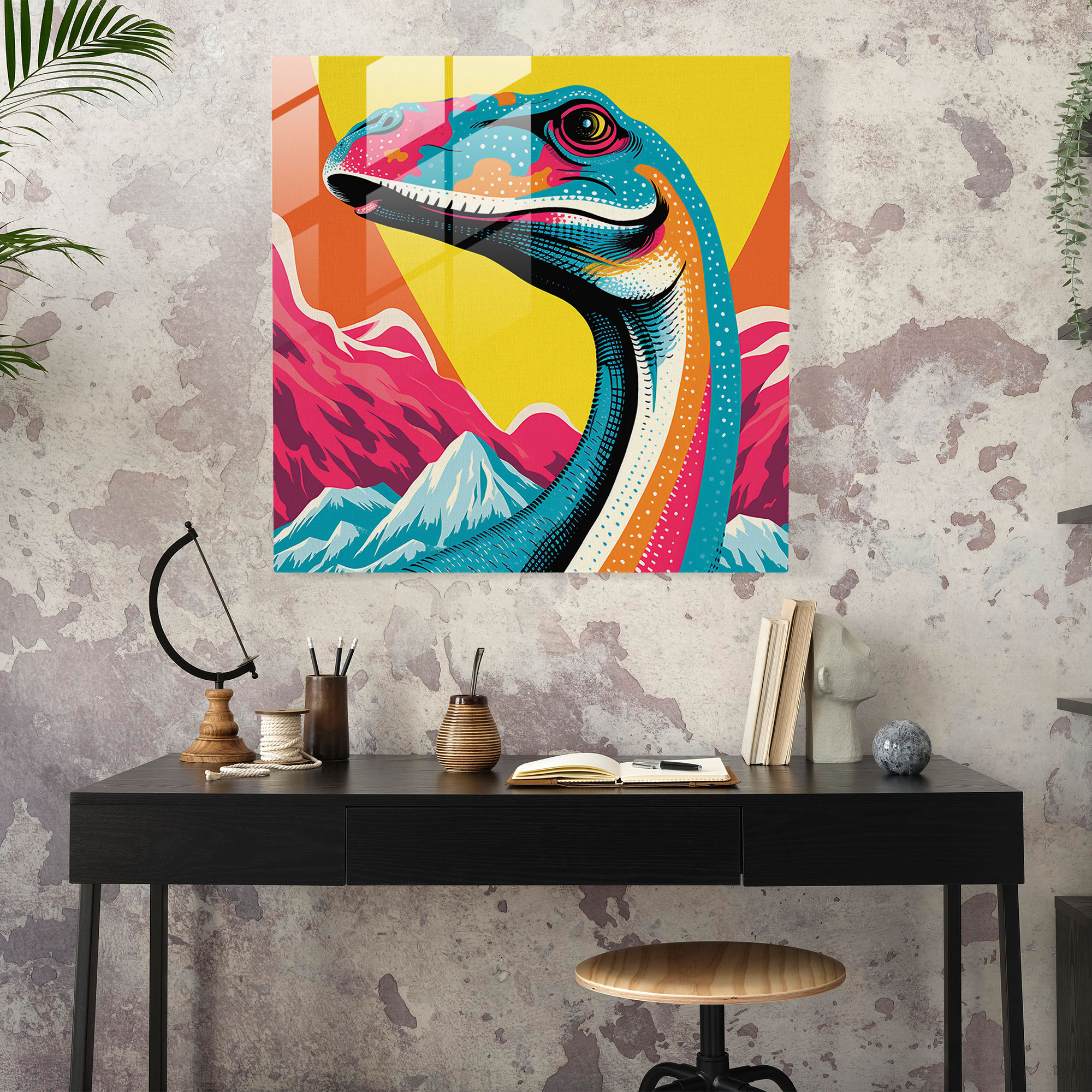 Lebendiges Brachiosaurus Pop Art Glasbild für Zuhause