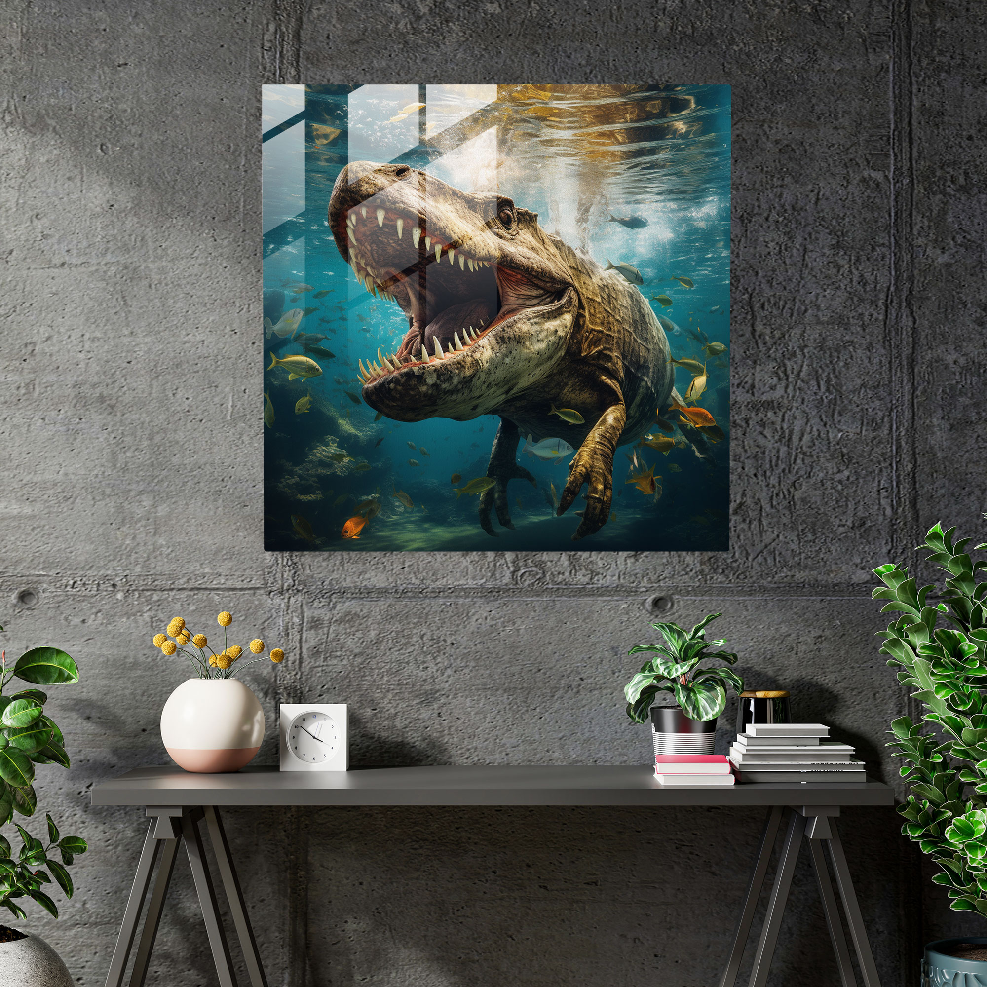 Dreamlike Underwater T-Rex Surrealist Glass Print