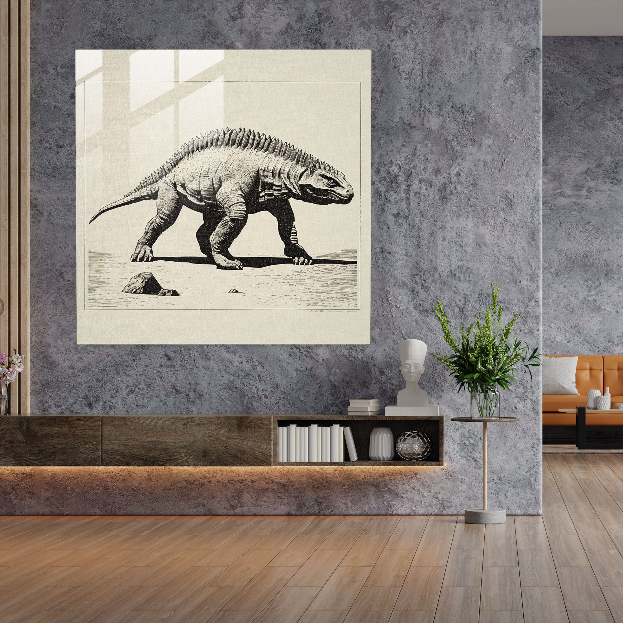 Minimalist Stegosaurus Linocut Glass Print Wall Decoration