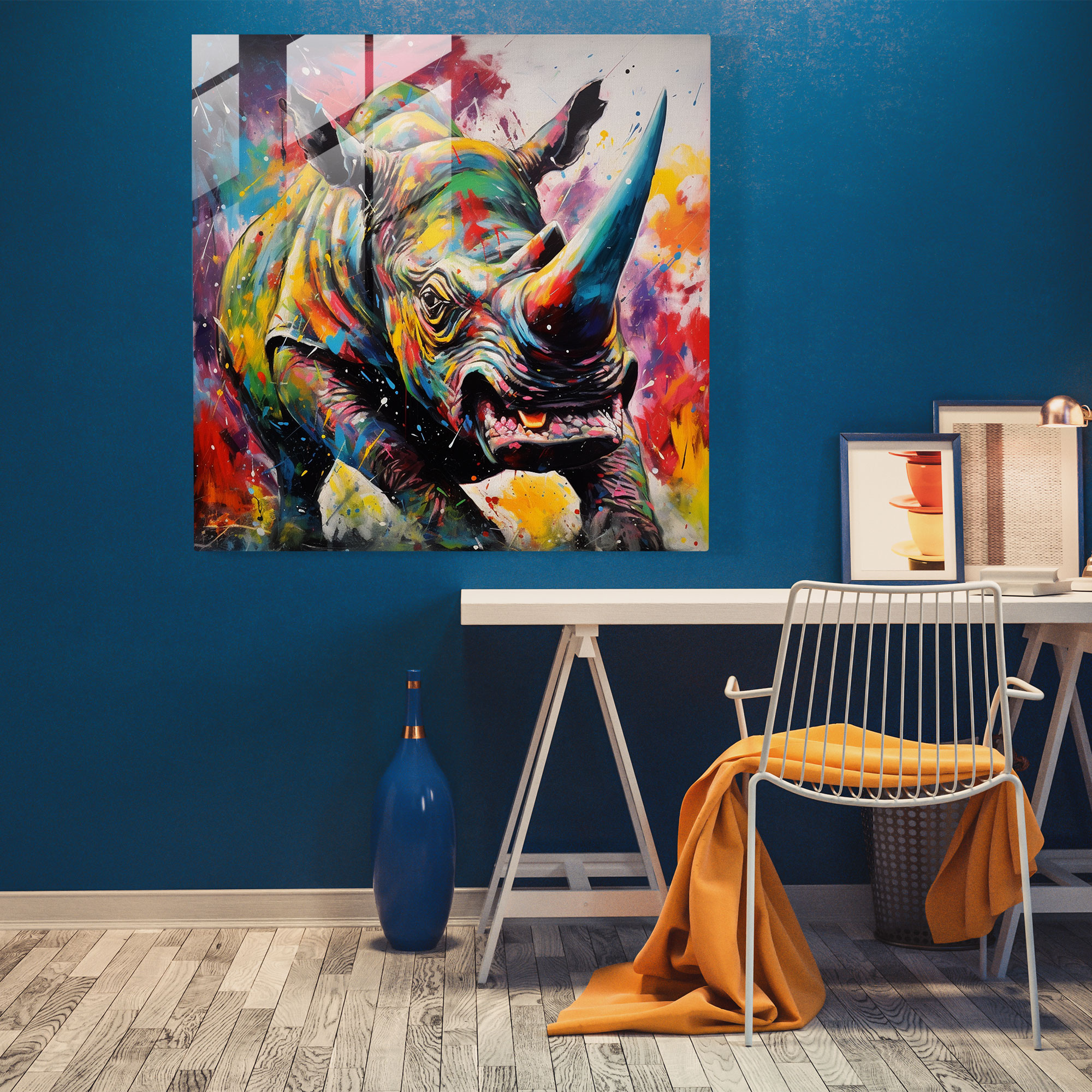 Energetic Triceratops Abstract Expressionist Glass Print