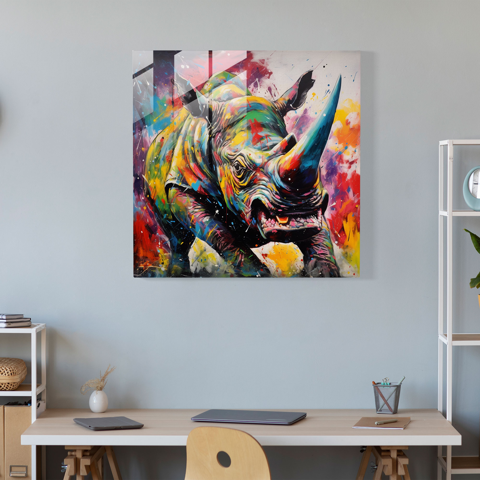 Energetic Triceratops Abstract Expressionist Glass Print
