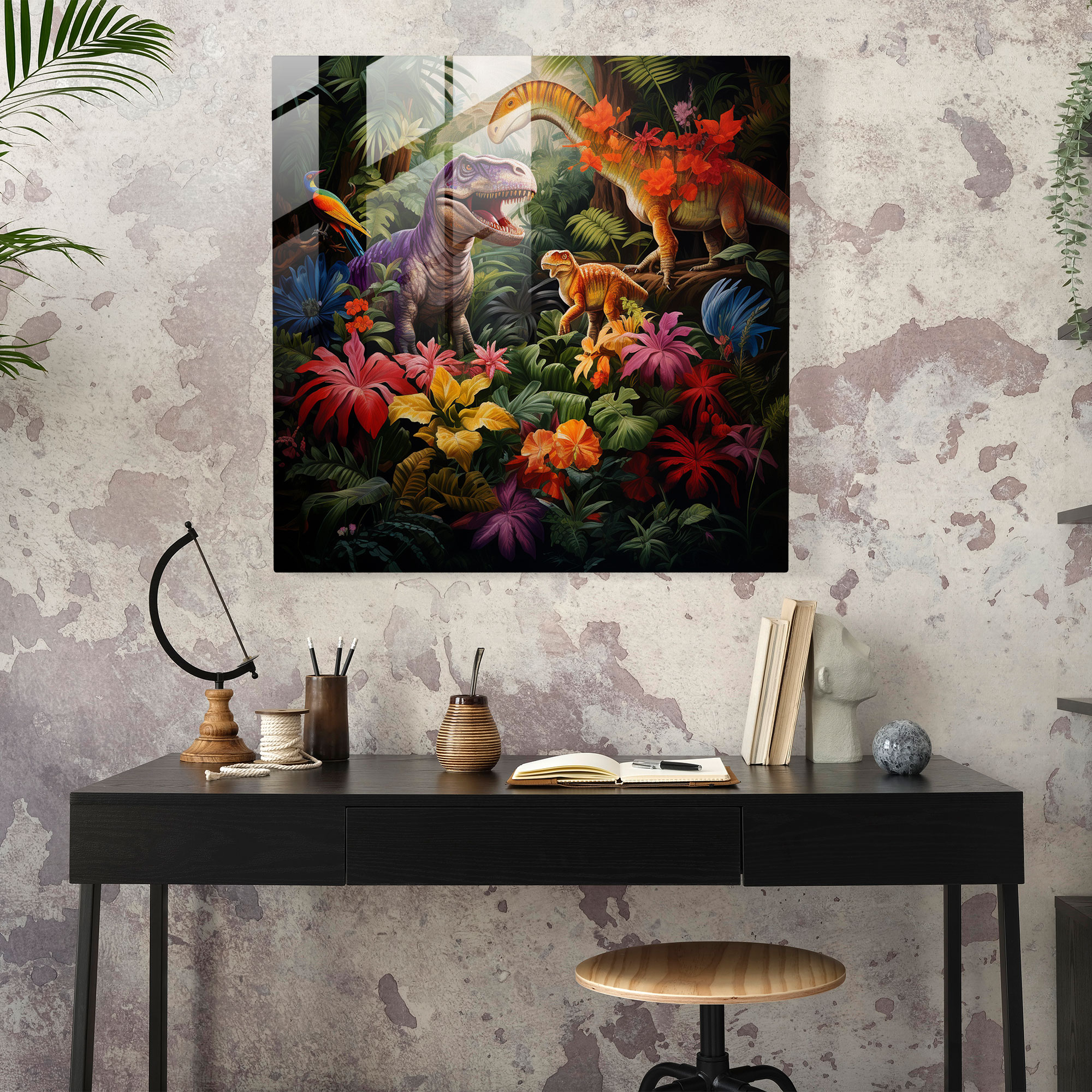 Prächtiges Dinosaurier Glasbild Wandkunst