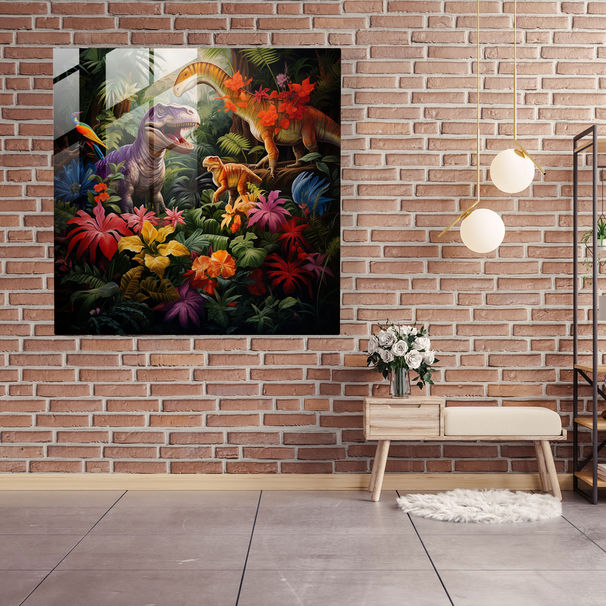 Prächtiges Dinosaurier Glasbild Wandkunst