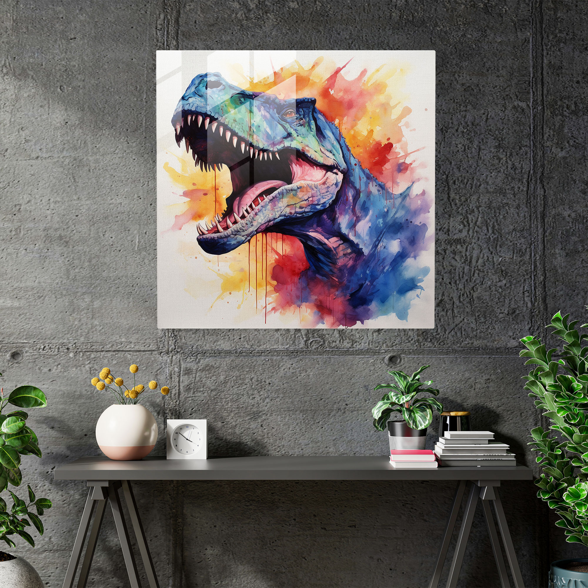 Geheimnisvoller T-Rex Glasbild Wanddekoration