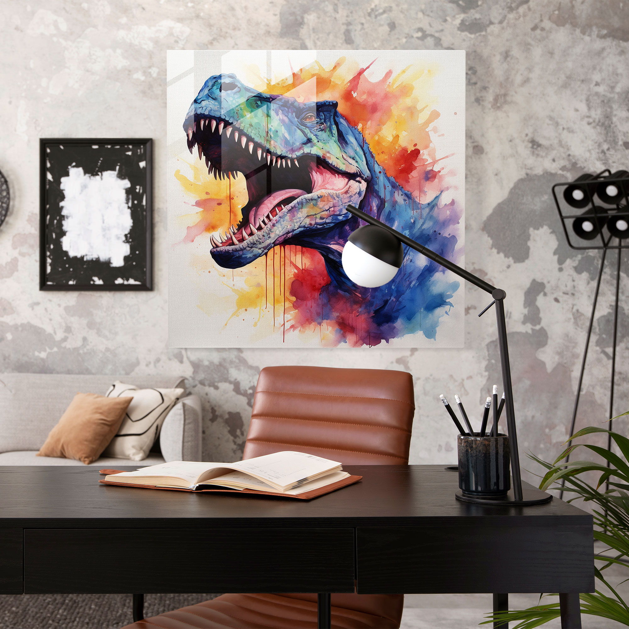 Geheimnisvoller T-Rex Glasbild Wanddekoration