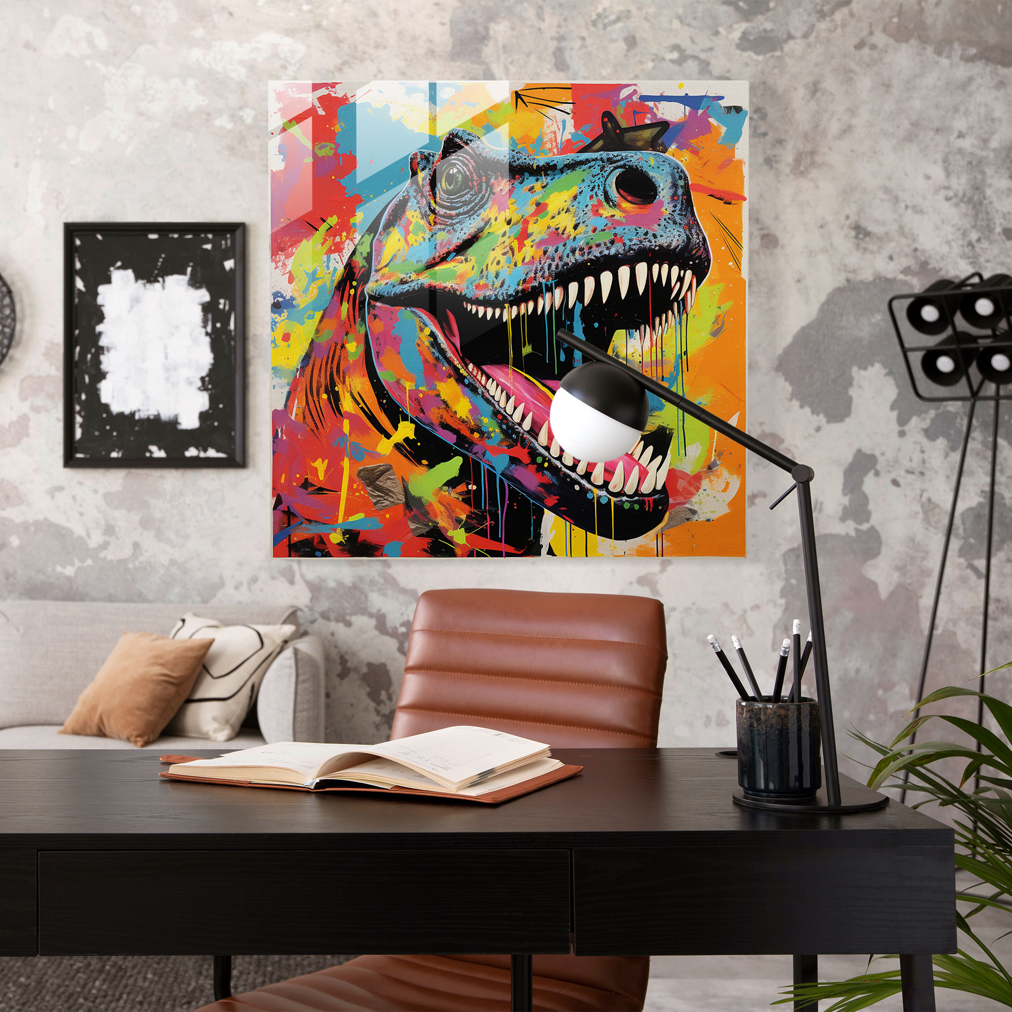 Spielhaftes Dinosaurier Pop-Art Glasbild