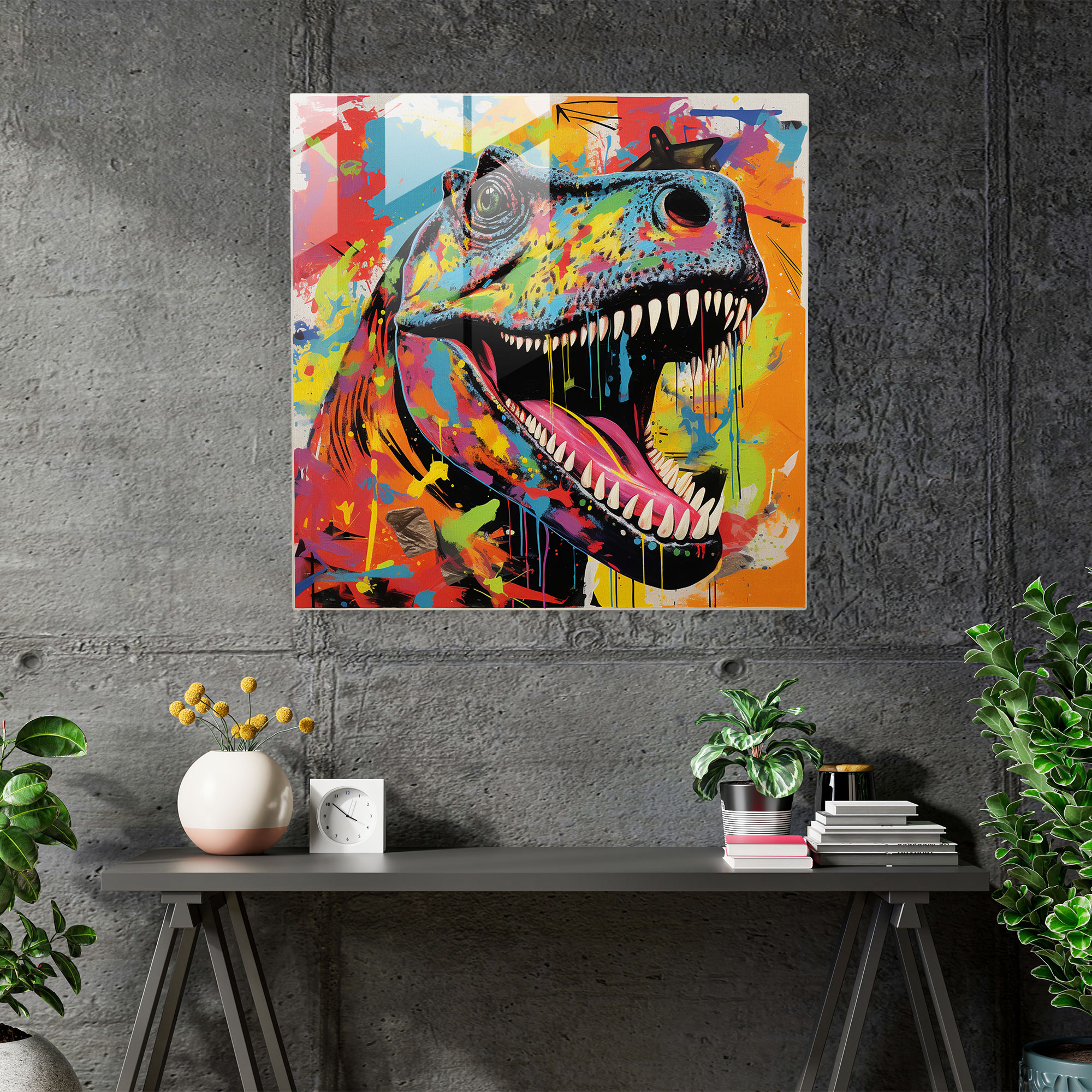 Spielhaftes Dinosaurier Pop-Art Glasbild