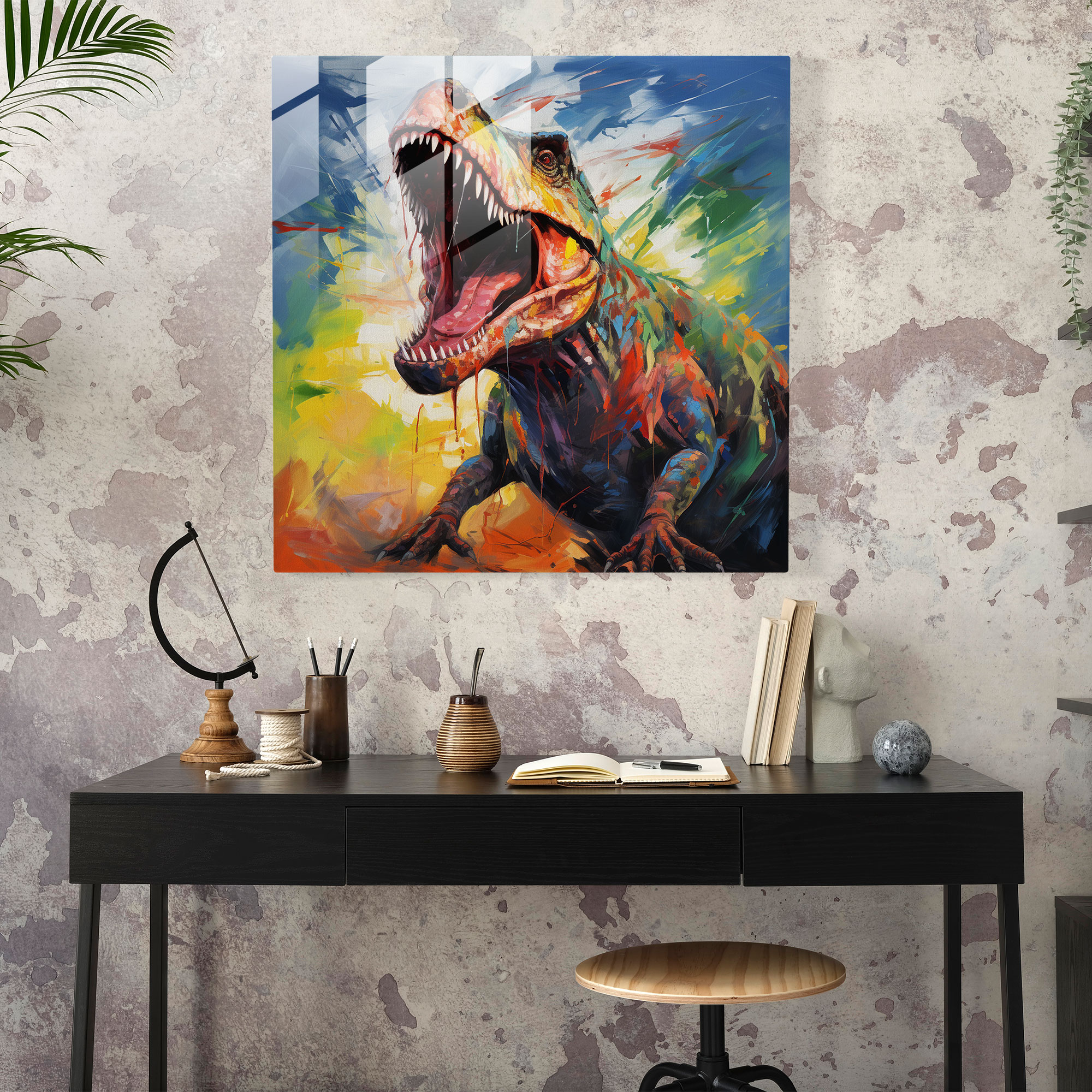 Faszinierendes T-Rex Abstraktes Ölgemälde Glasbild