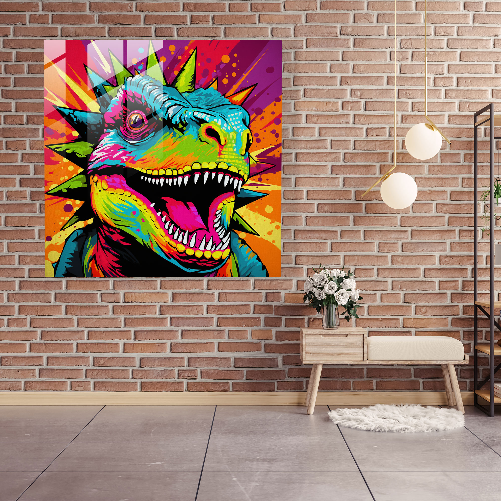 Cheeky Stegosaurus Pop Art Portrait Glass Print