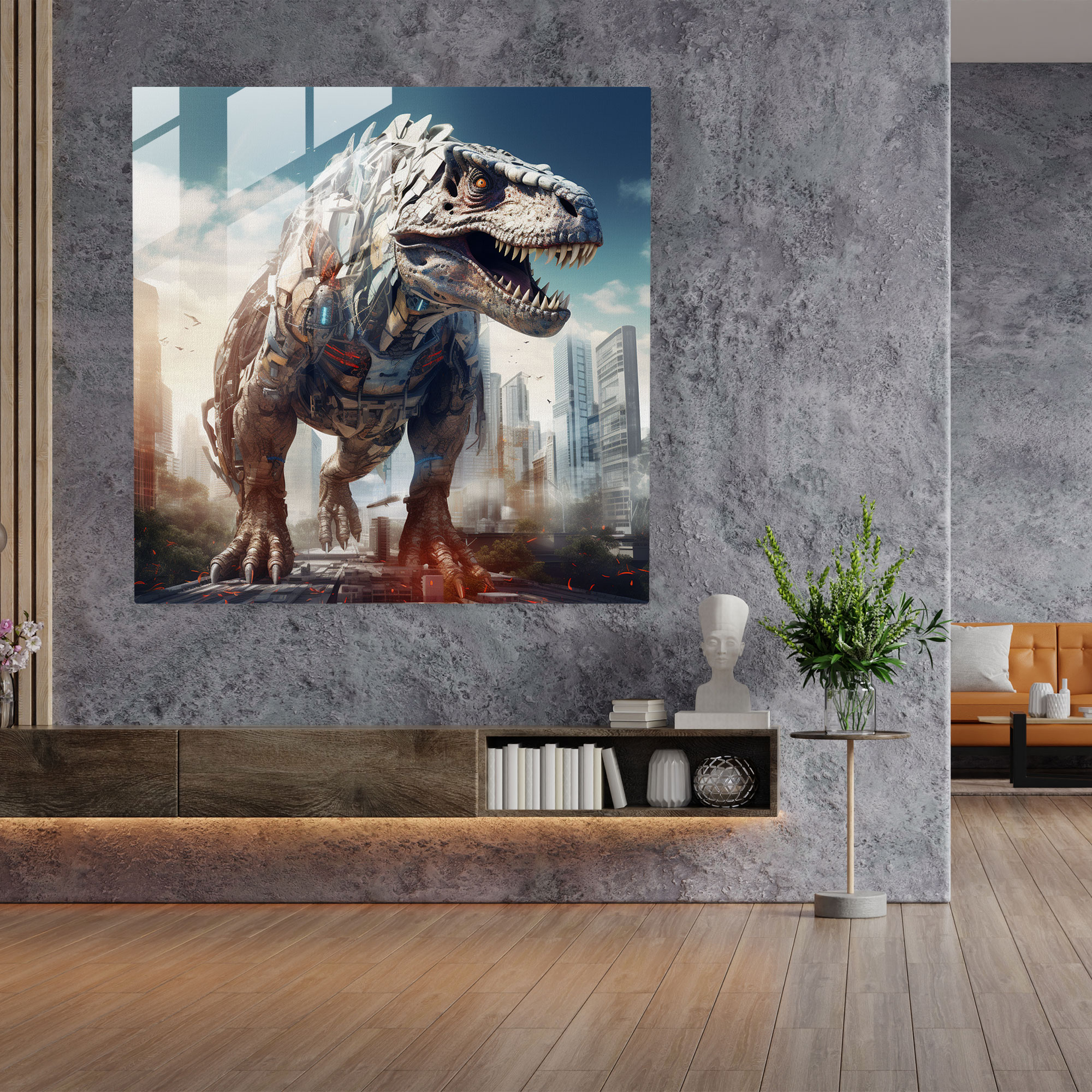 Futuristisches Tyrannosaurus Rex Digitales Collage Glasbild