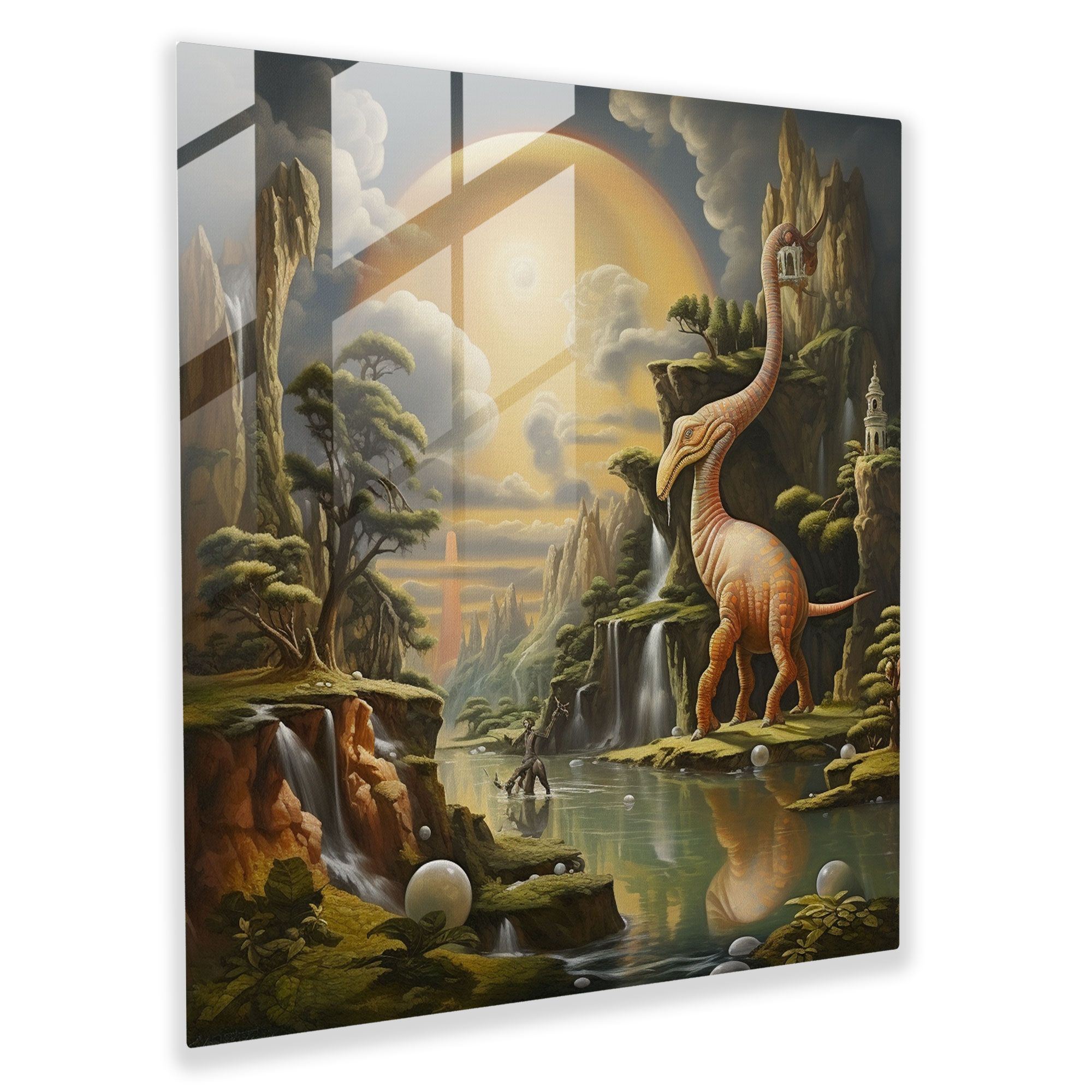 Enigmatic Surrealism Glass Print - Dinosaur in Dreamland