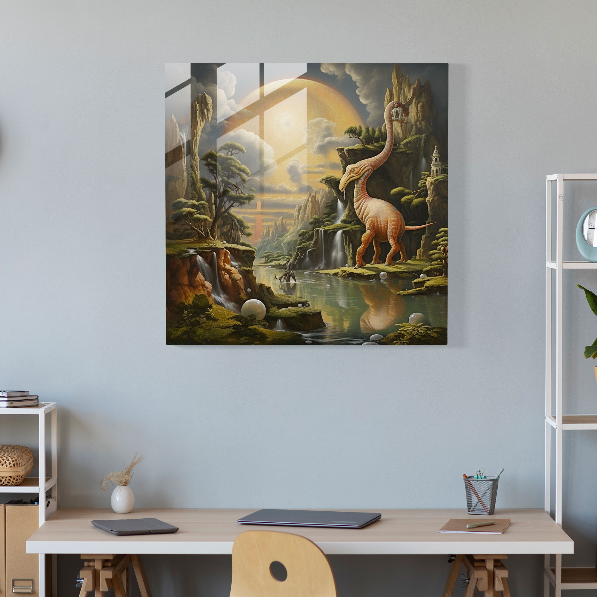 Enigmatic Surrealism Glass Print - Dinosaur in Dreamland