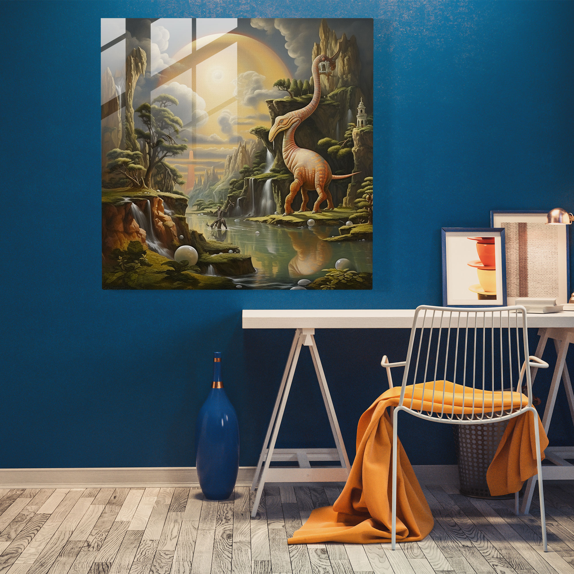 Enigmatic Surrealism Glass Print - Dinosaur in Dreamland