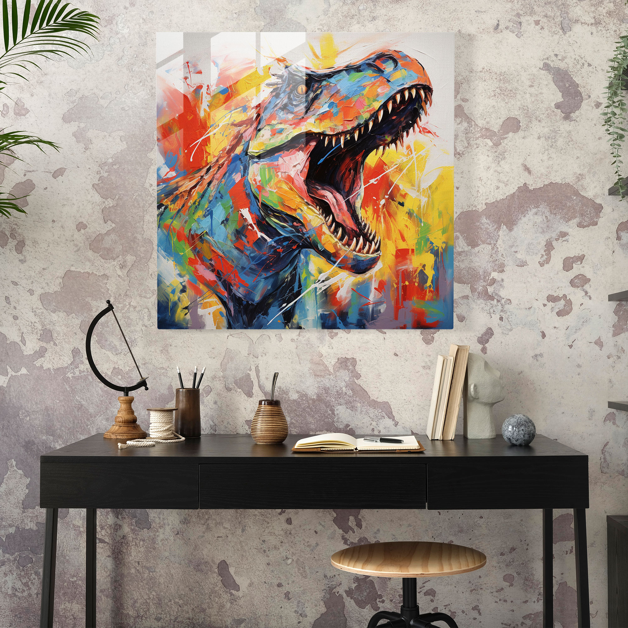 Expressive Abstract Glass Print - Majestic Dinosaur