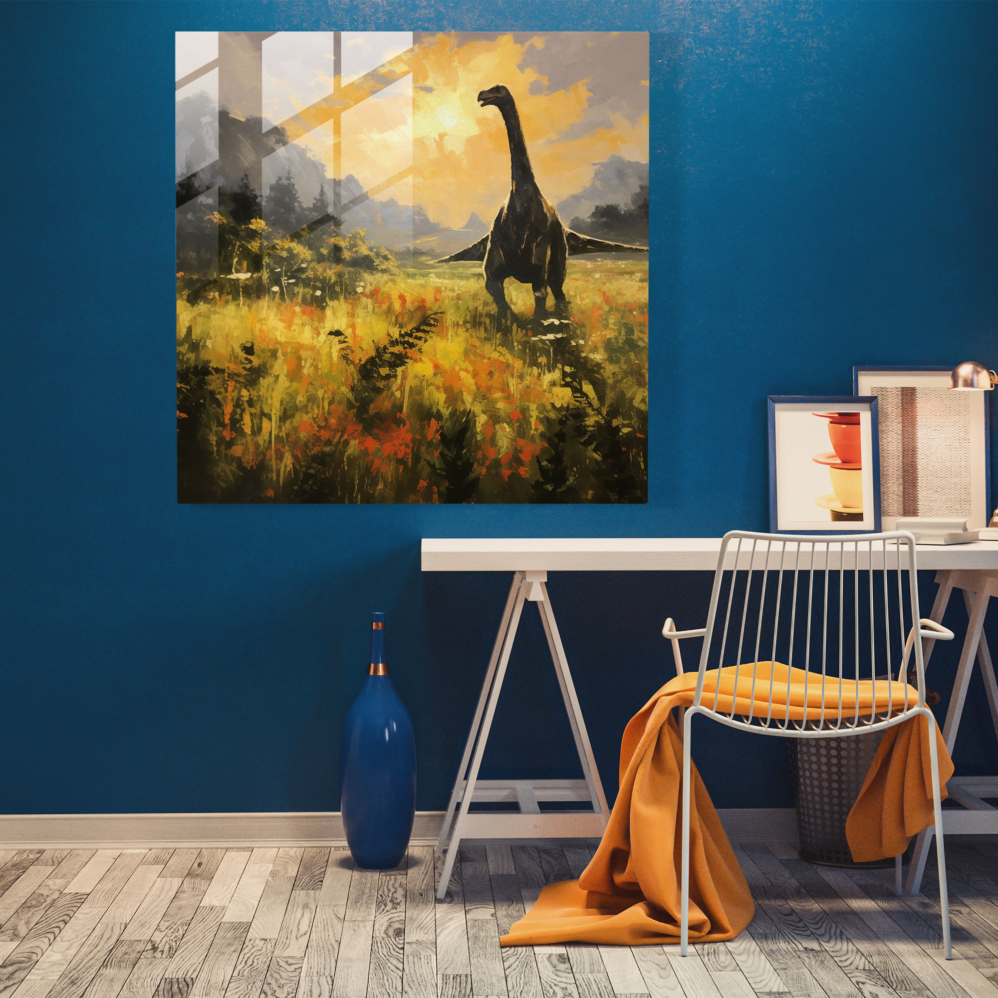 Glasbild Impressionismus - Dinosaurier in sonnendurchfluteter Wiese