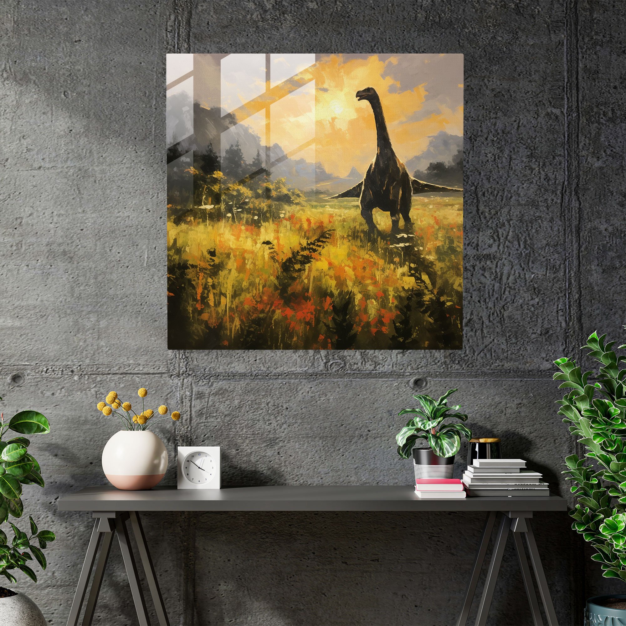 Glasbild Impressionismus - Dinosaurier in sonnendurchfluteter Wiese