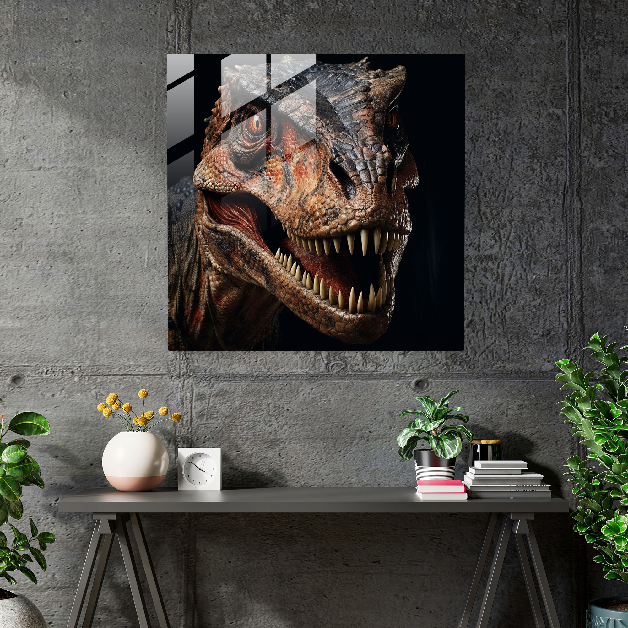 Majestätisches Realismus Glasbild - Lebensechtes Dinosaurier-Porträt