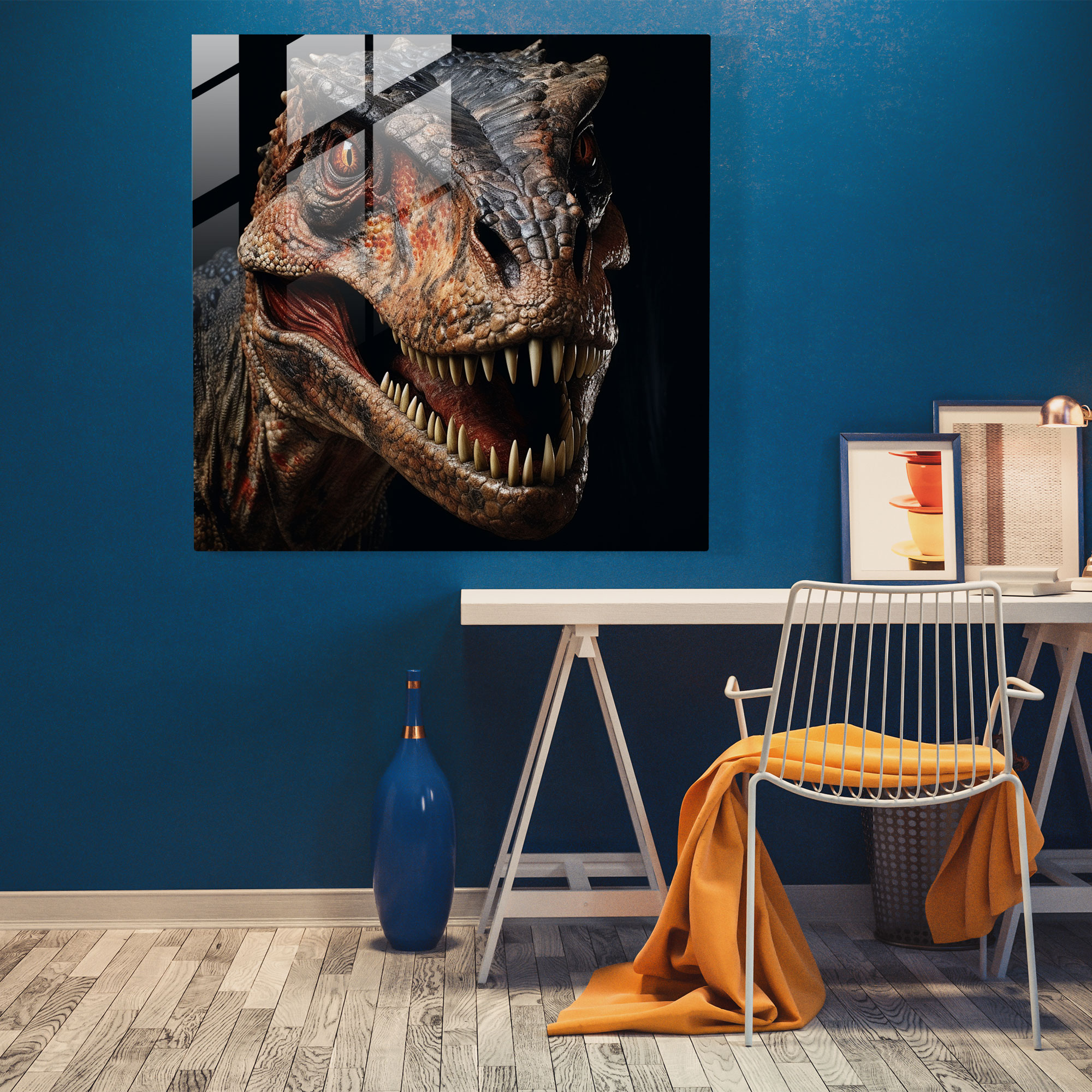 Majestätisches Realismus Glasbild - Lebensechtes Dinosaurier-Porträt