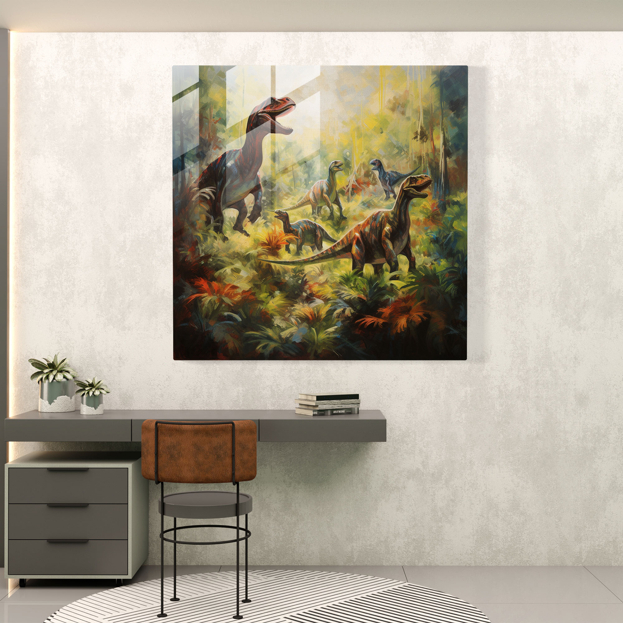 Lebendige Pinselstriche Glasbild - Dinosaurier Wald Erkundung - Modernes Kunstwerk.